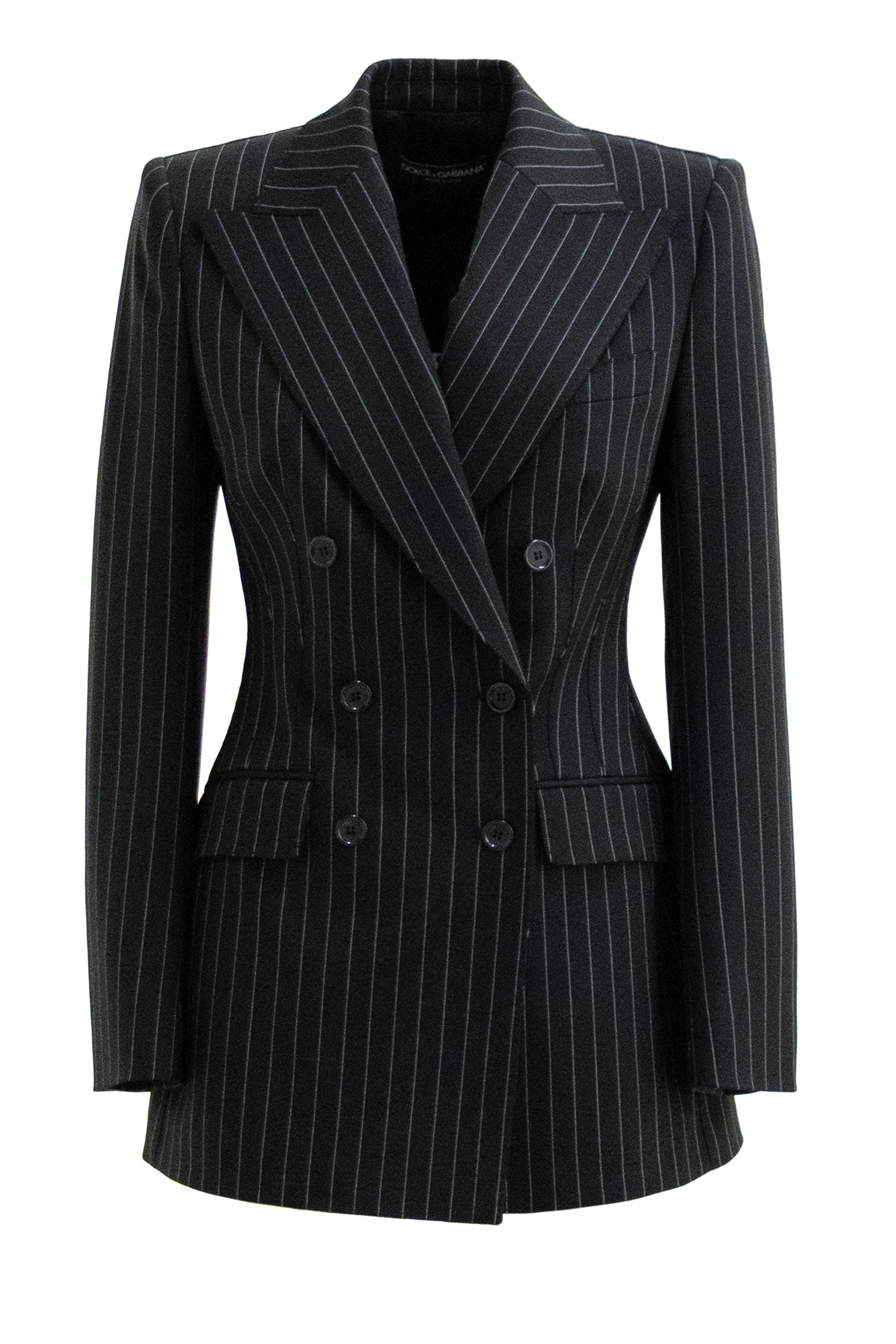 Giacca doppiopetto in gessato di lana di colore nero<BR/> F29QFT FRZAT S8051 DOLCE & GABBANA 