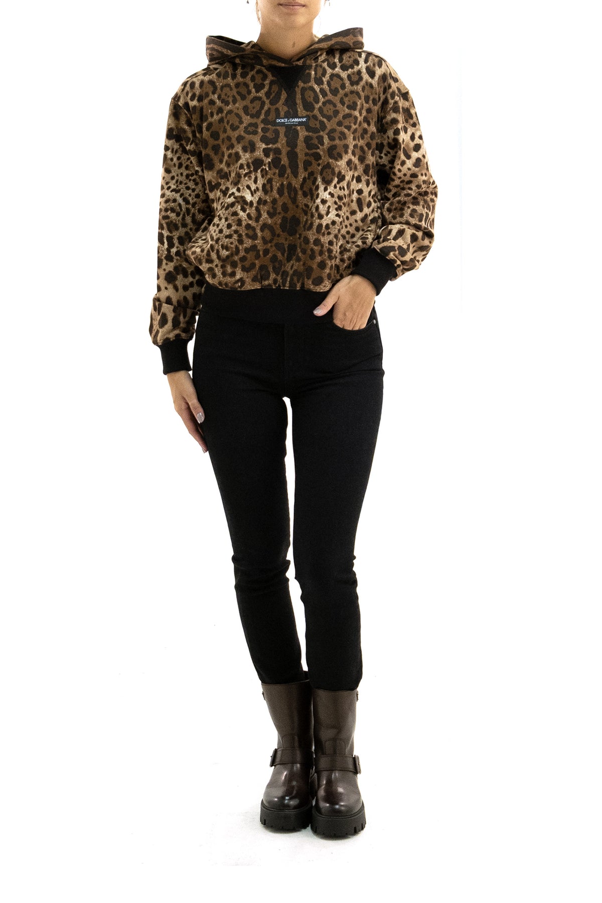 DOLCE & GABBANA Felpa in cotone in stampa leopardata, Leopardato, vista 2
