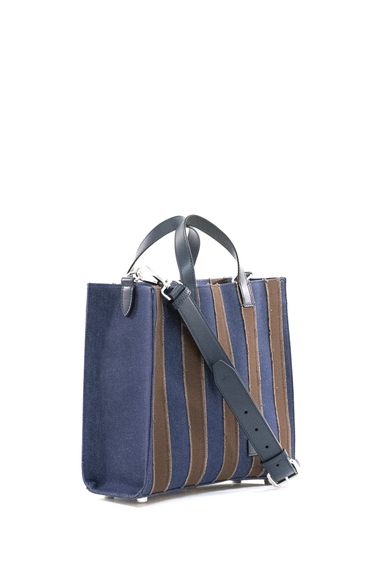 FENDI Borsa Shopper Pequin in jeans blu scuro e tela marrone, view 2