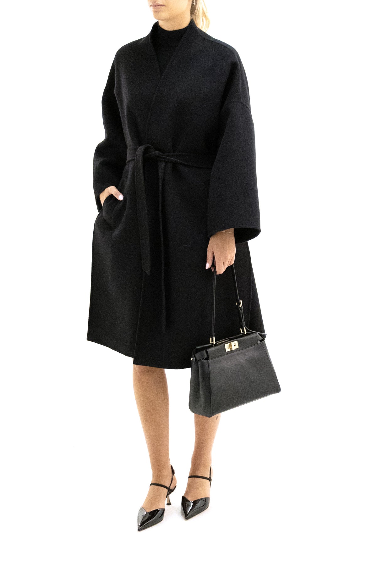 FENDI Black wool FF Zucca coat, Nero, view 2