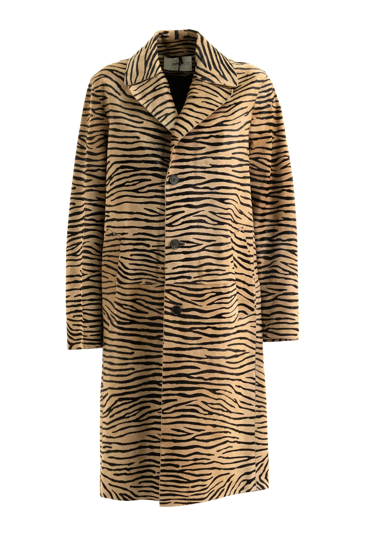 FENDI Beige and black tiger-print pony hair single-breasted coat