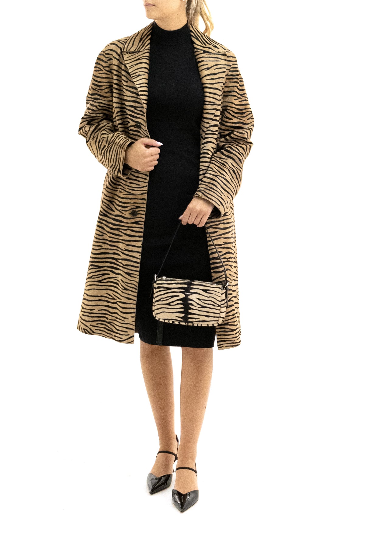 FENDI Beige and black tiger-print pony hair single-breasted coat, view 2