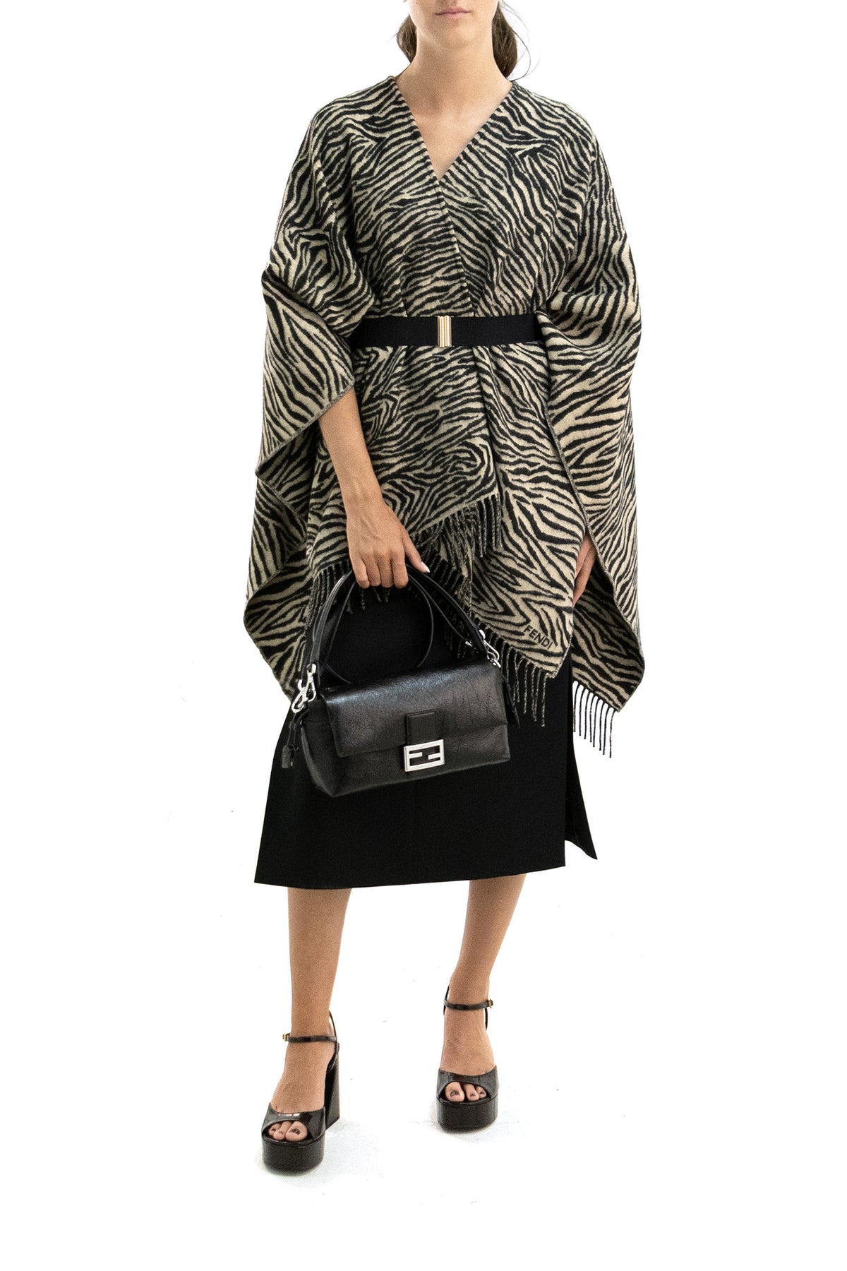 FENDI Wool Poncho with Tiger Print, Beige, view 2