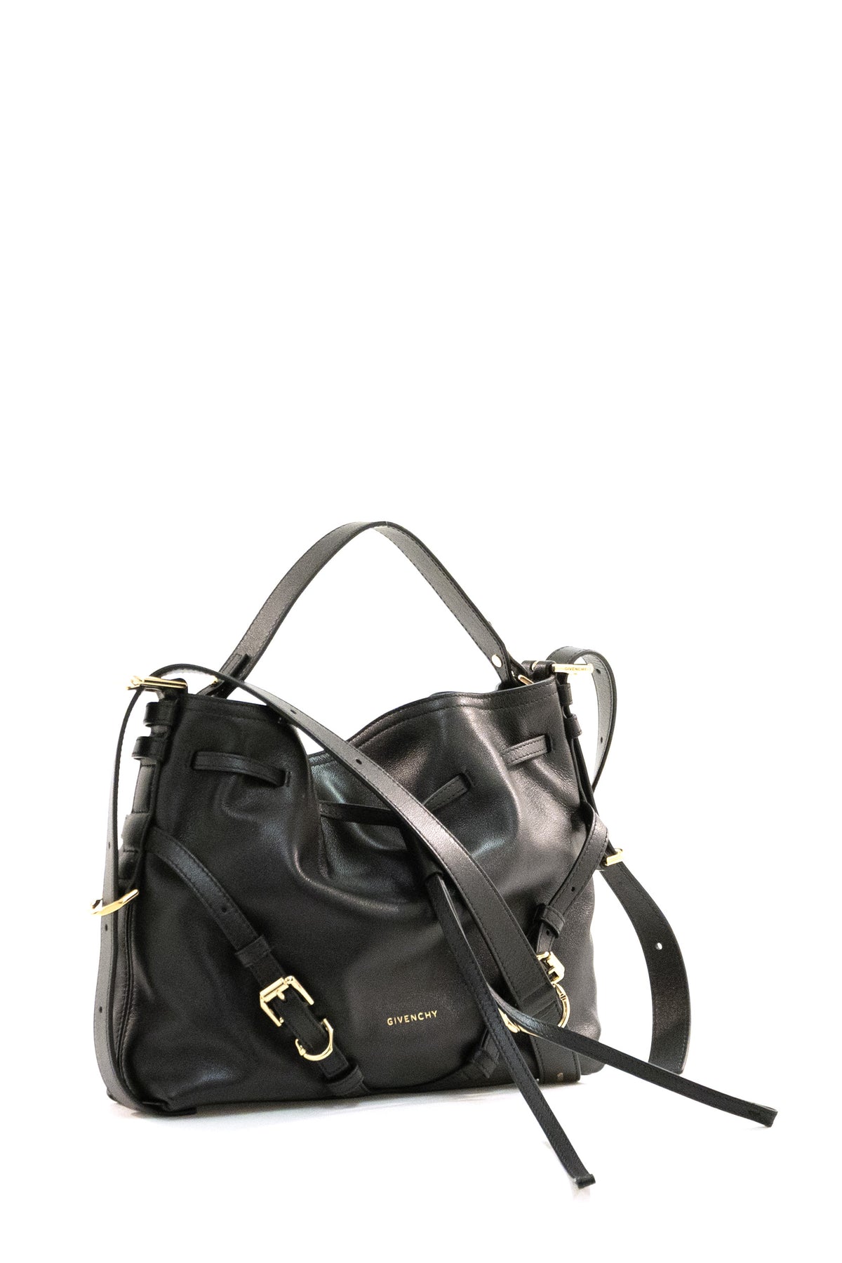 GIVENCHY Borsa Voyou Bucket piccola in pelle lucida di colore nero, vista 2