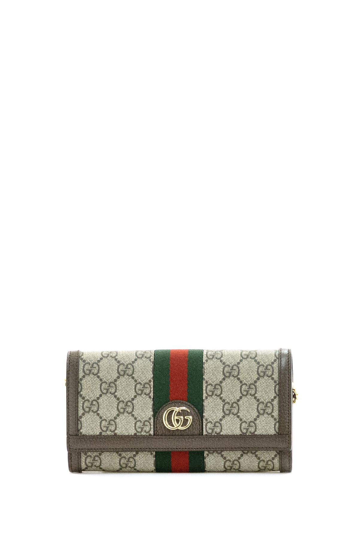 GUCCI Portafoglio Ophidia con catena in tessuto GG Supreme beige e marrone scuro