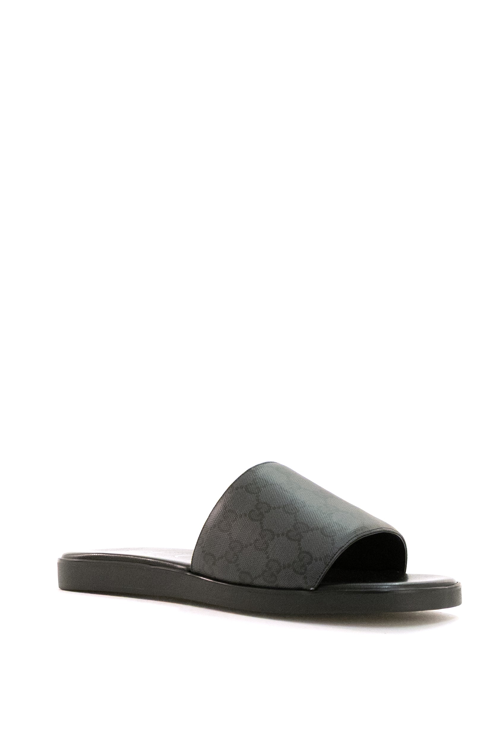 Sandali slide in tela verniciata GG di colore nero e grigio<BR/> 871685 FAF51 1028 GUCCI 