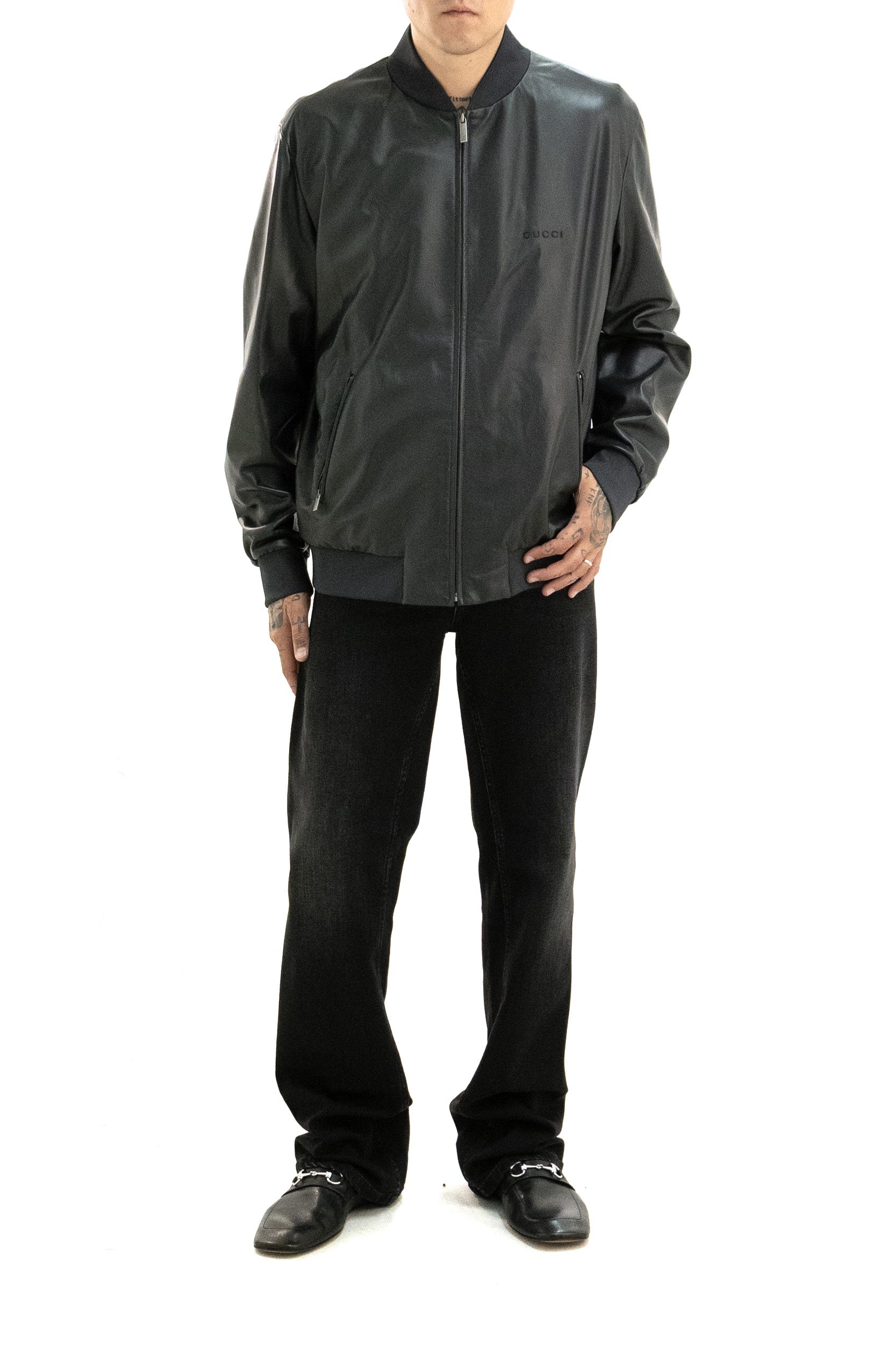 Bomber in pelle di colore grigio<BR/> 872085 XNBCU 1017 GUCCI 