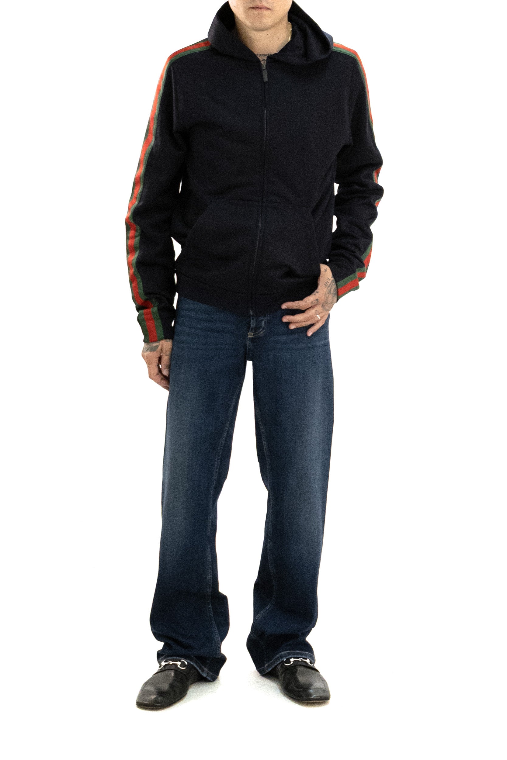 Felpa con cappuccio in jersey di cotone e seta di colore blu<BR/> 872244 XJH0N 4816 GUCCI 