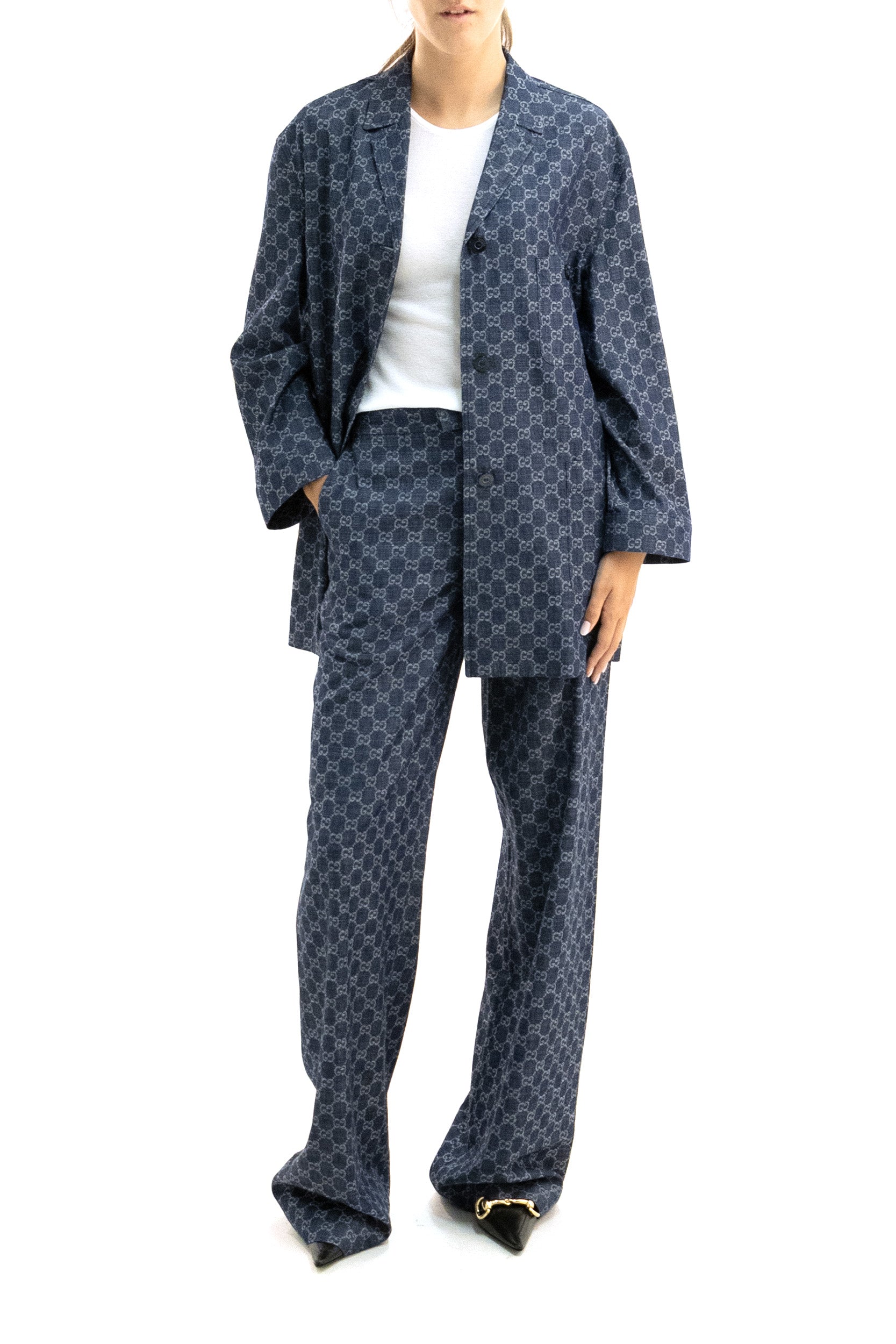 Giacca in denim di cotone GG jacquard di colore blu<BR/> 875438 XDDG3 4011 GUCCI 