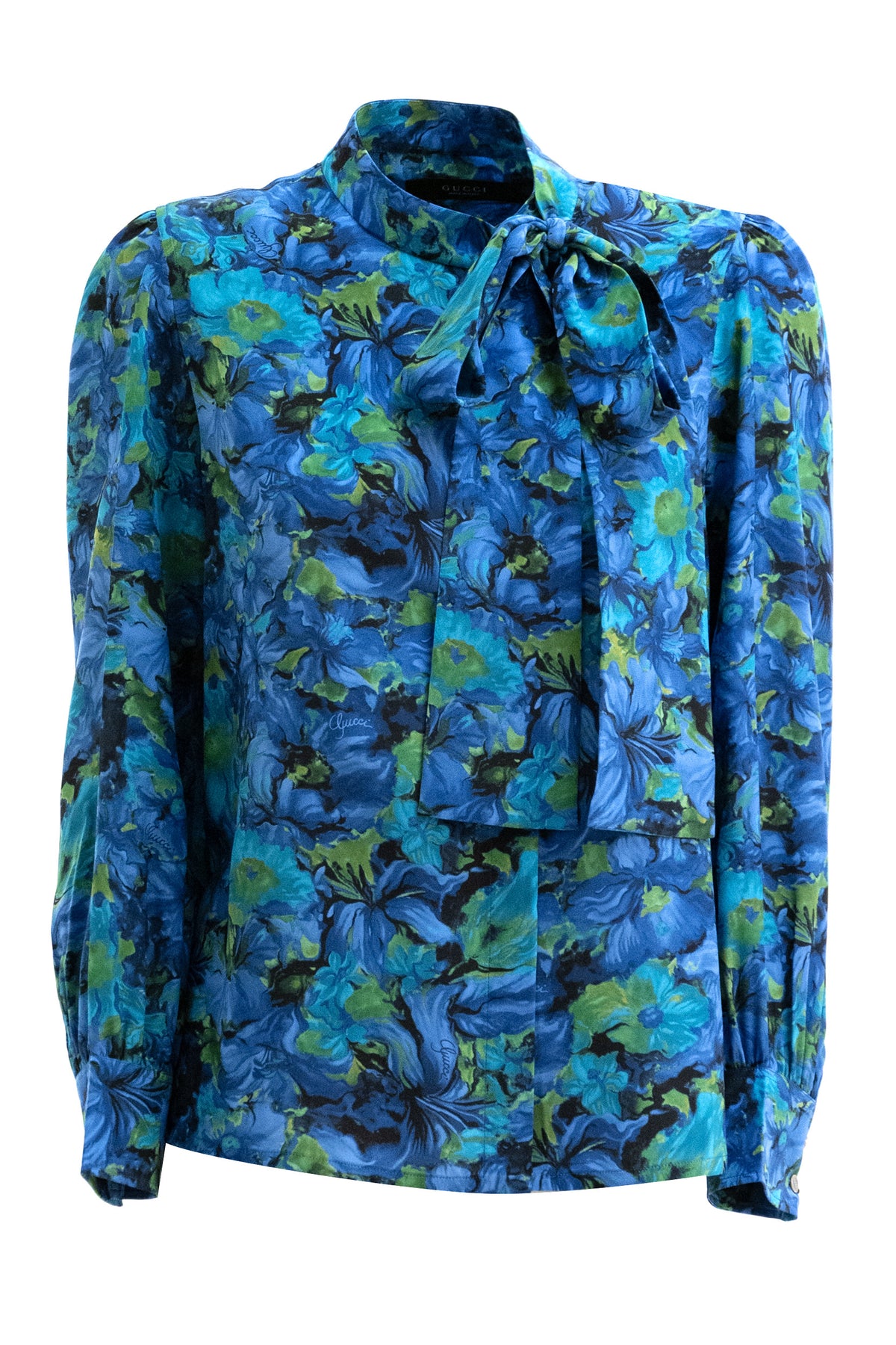 GUCCI Camicia in seta crêpe de chine con stampa floreale multicolore, Azzurro