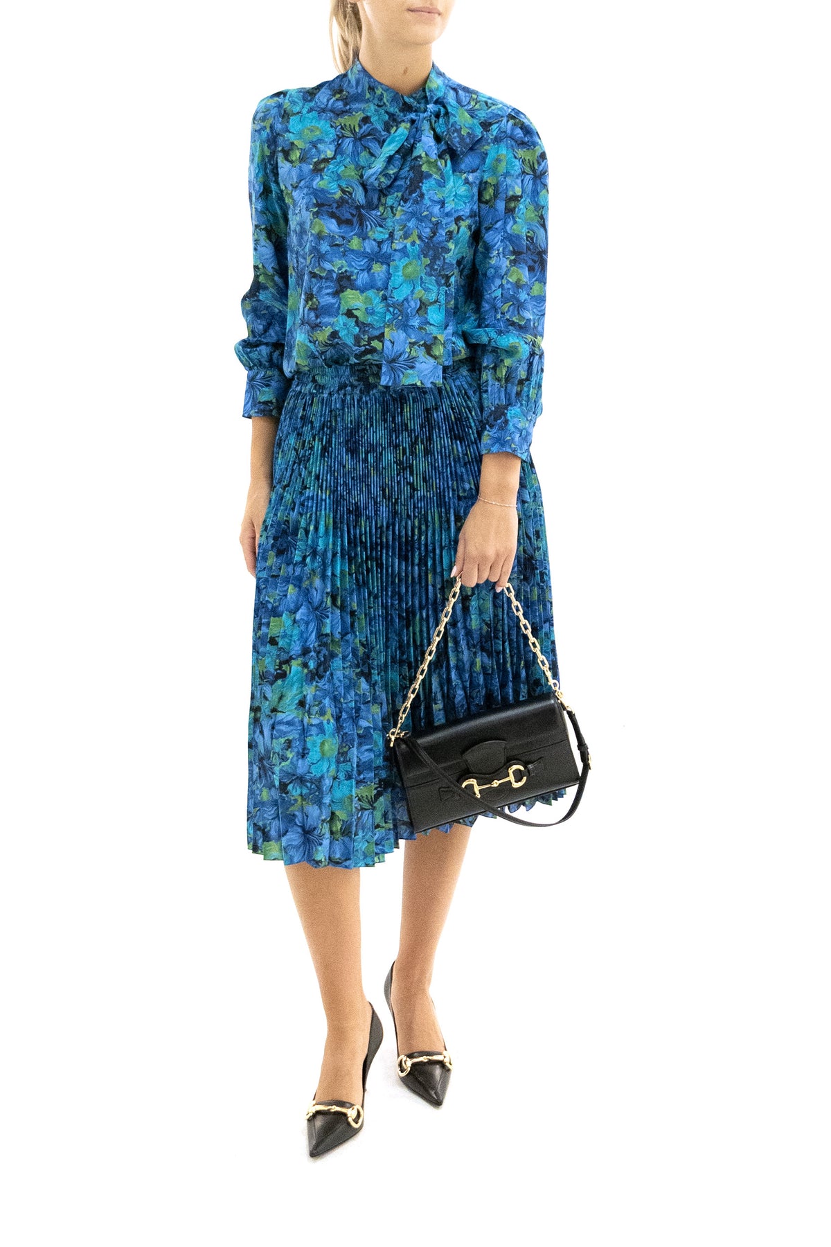 GUCCI Camicia in seta crêpe de chine con stampa floreale multicolore, Azzurro, vista 2
