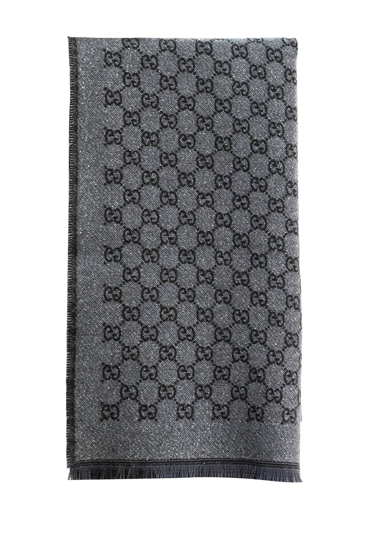 GUCCI Sciarpa in lana e viscosa lamé GG di colore nero e grigio