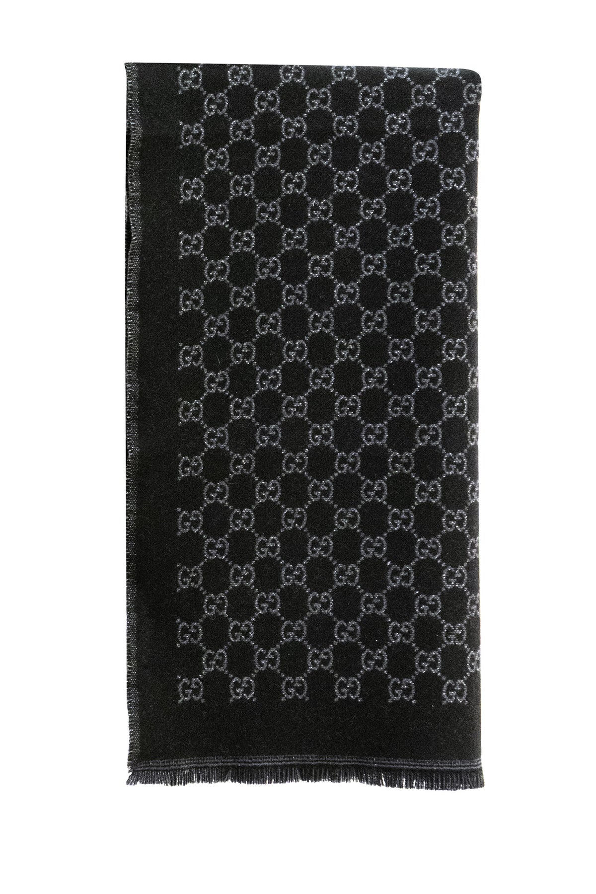 GUCCI Sciarpa in lana e viscosa lamé GG di colore nero e grigio, vista 2