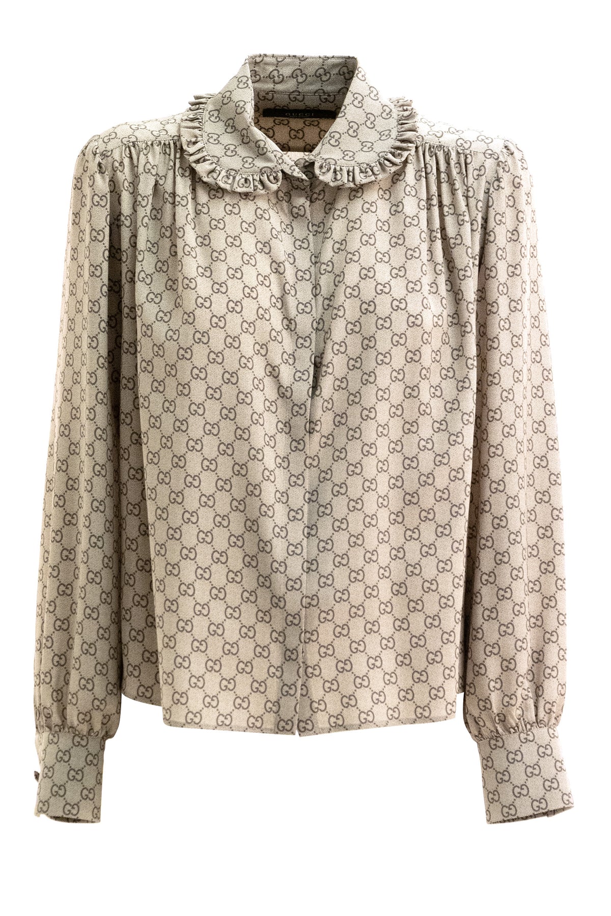 GUCCI Camicia in seta crêpe de chine con stampa GG beige e marrone