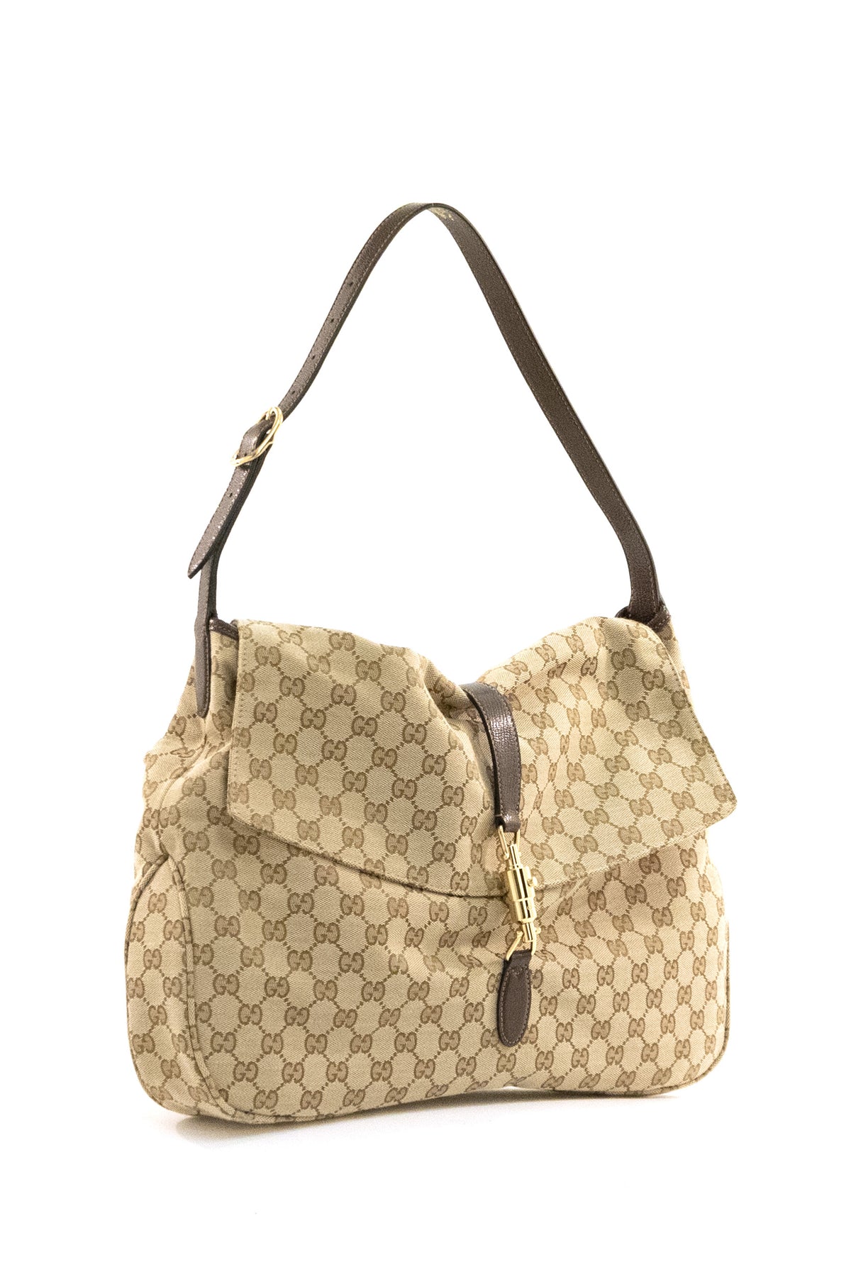 GUCCI Borsa Jackie Flap in tessuto GG sabbia e marrone, vista 2