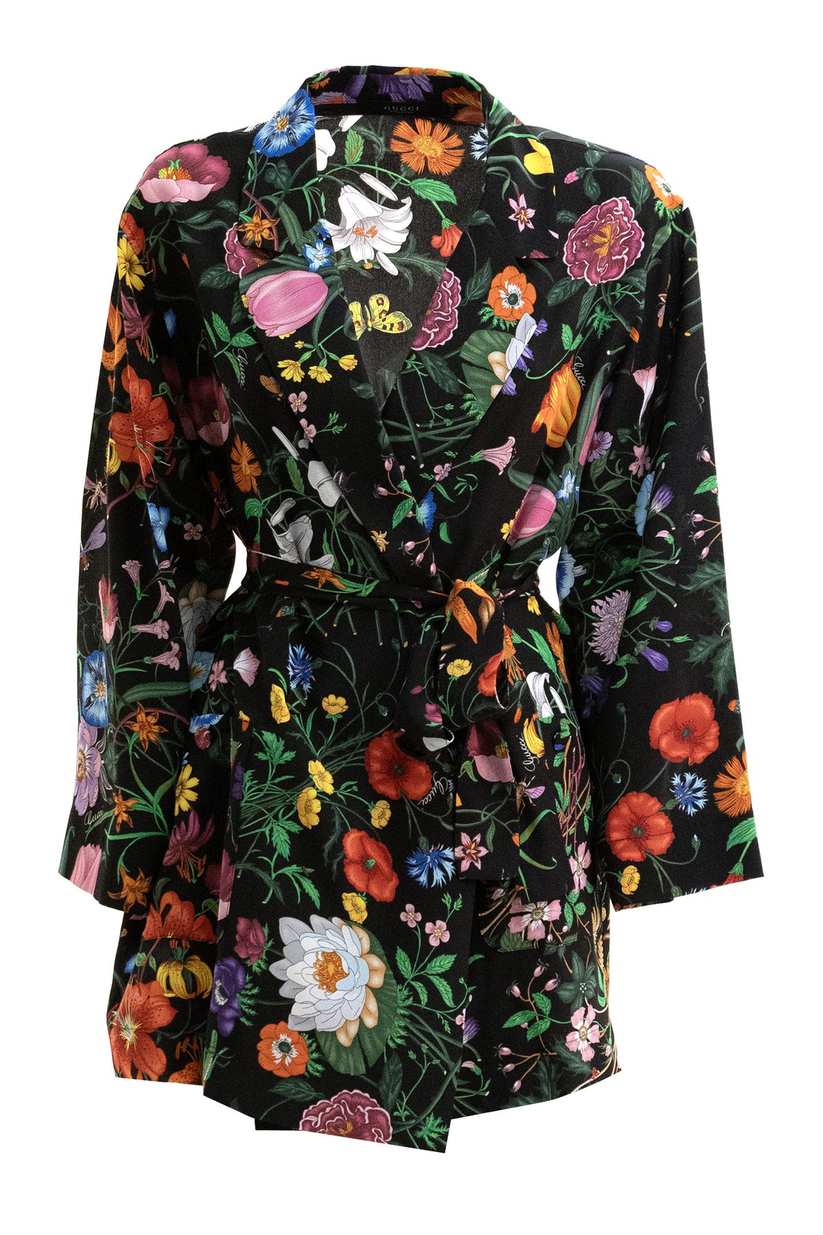 GUCCI Camicia in seta crêpe de chine di colore nero con stampa Gucci Flora multicolore