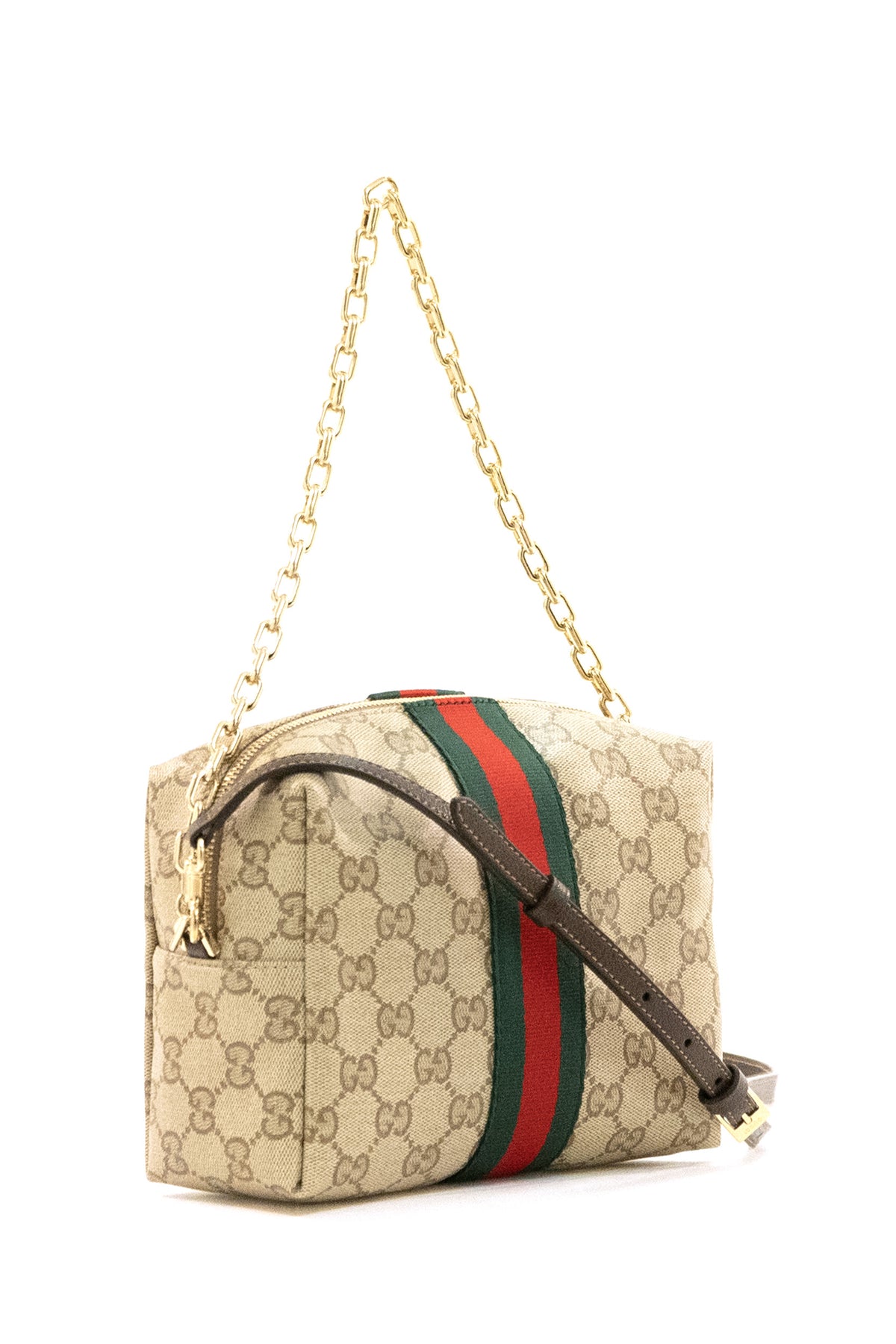 GUCCI Camera bag mini in tessuto GG spalmato sabbia e marrone, Beige, vista 3