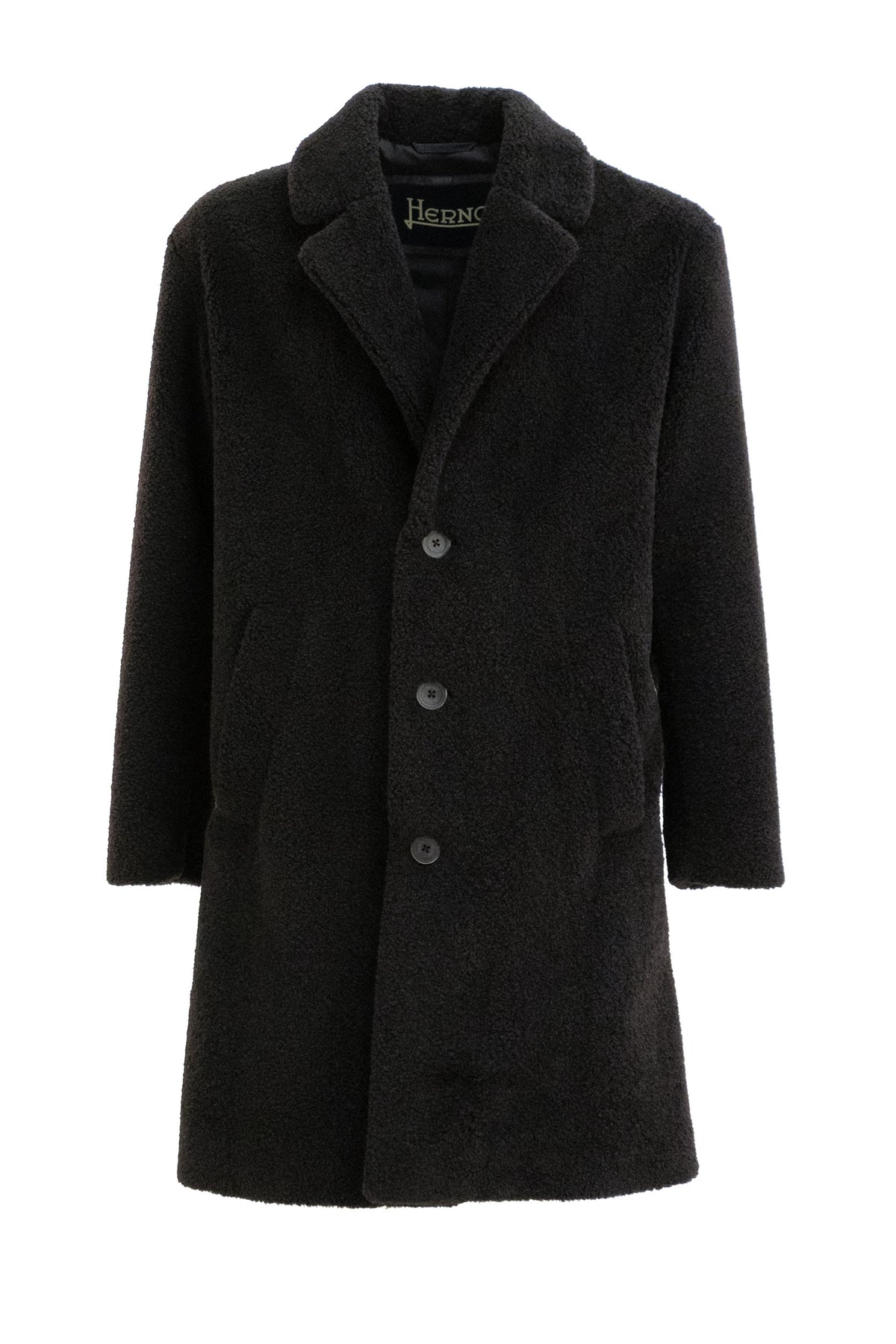 HERNO Cappotto monopetto in tessuto teddy color nero