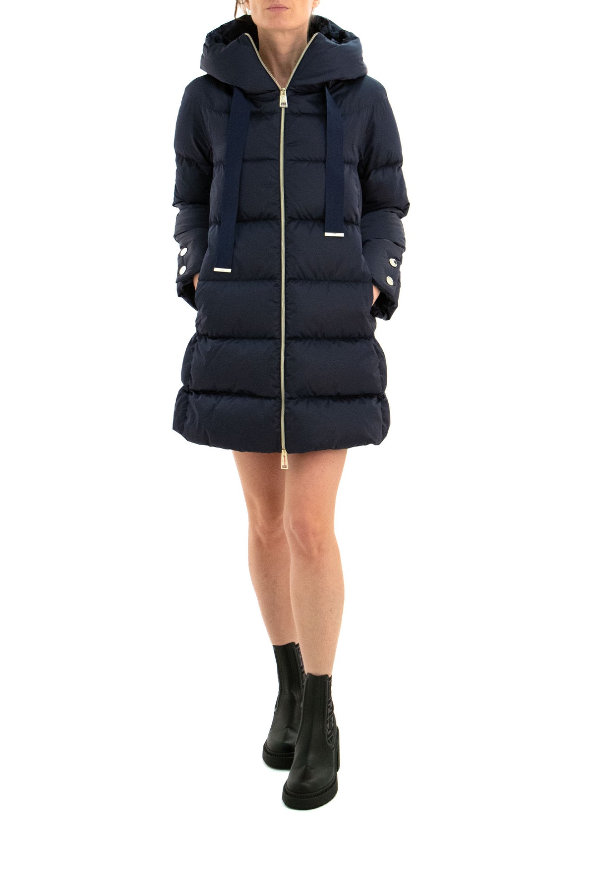 HERNO Blue nylon down jacket featuring drawstring hood, view 2
