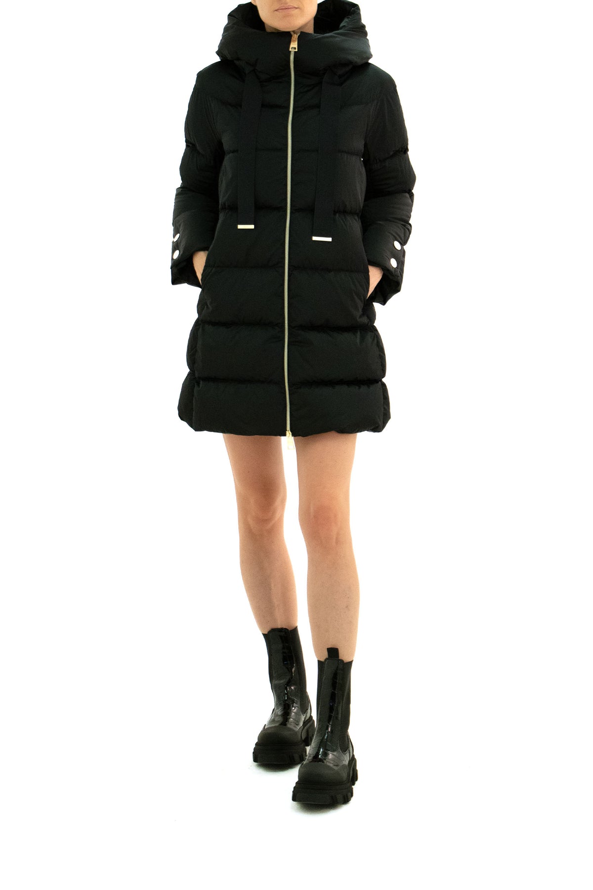 HERNO Black nylon down jacket featuring drawstring hood, Nero, view 2