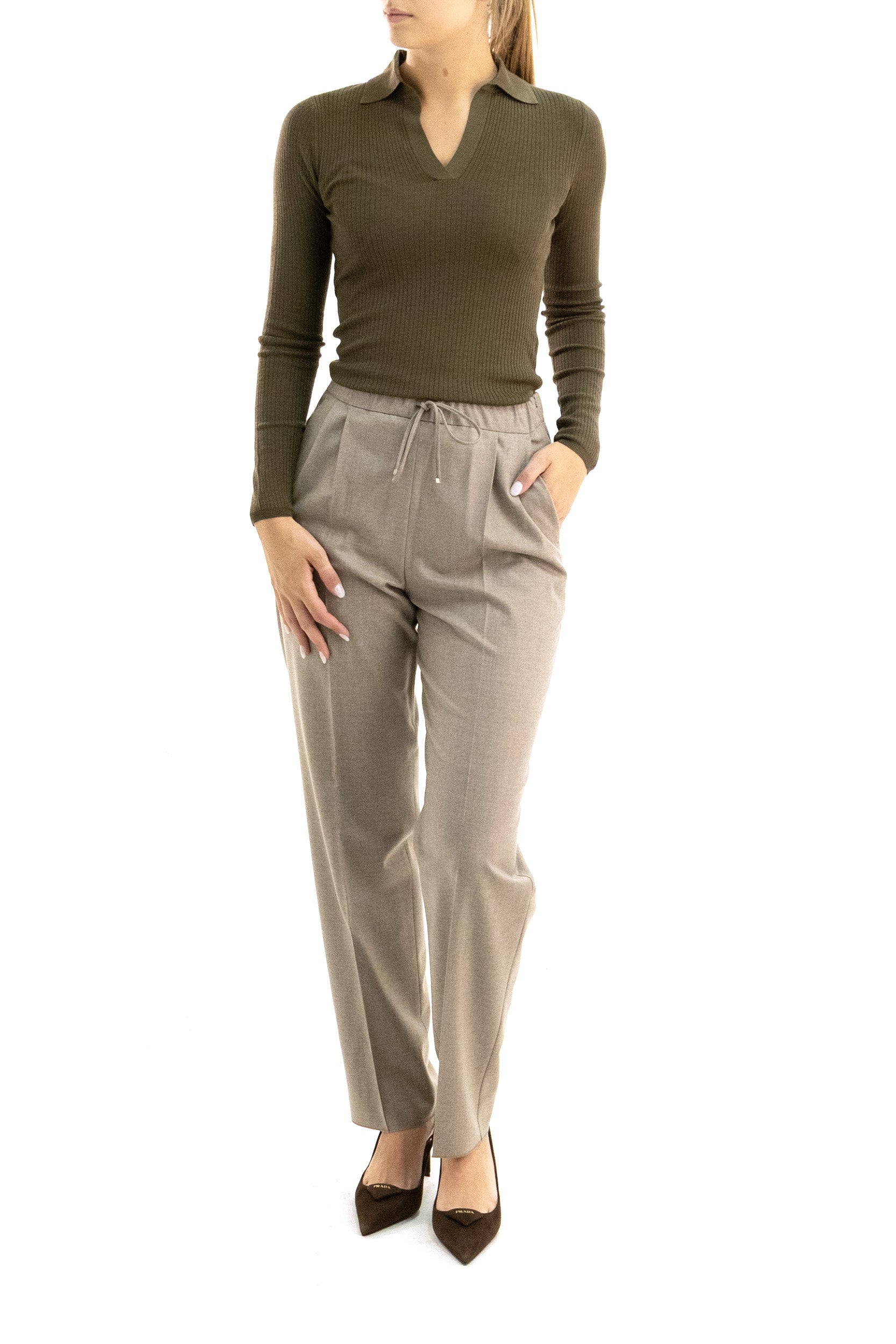 Polo in cachemire e seta a coste di colore verde militare<BR/> MXMGERGO 007 MAX MARA 
