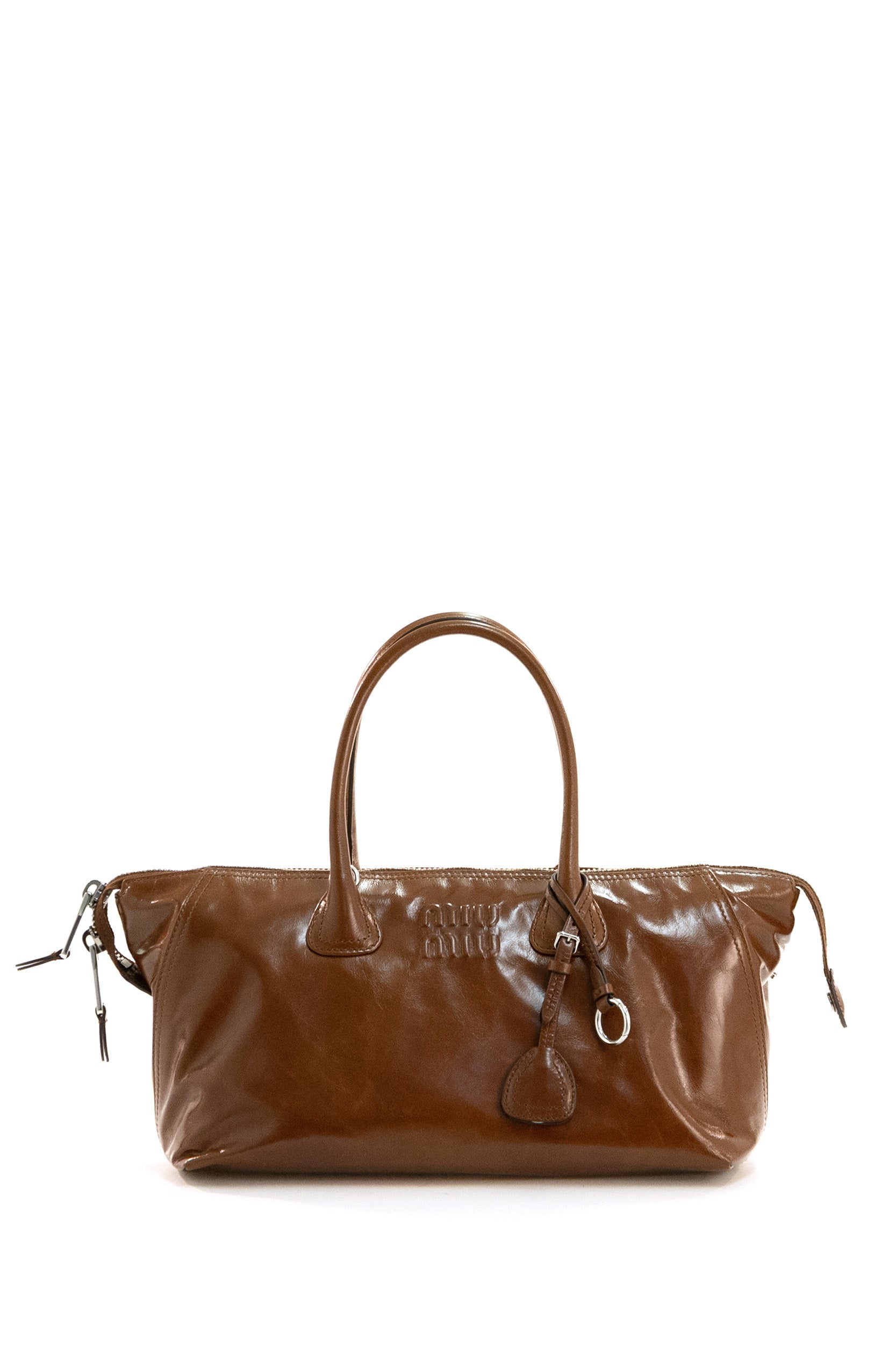 Borsa a mano in pelle lucida di colore marrone<BR/> 5BA335 2A44 F0BW5 MIU MIU 