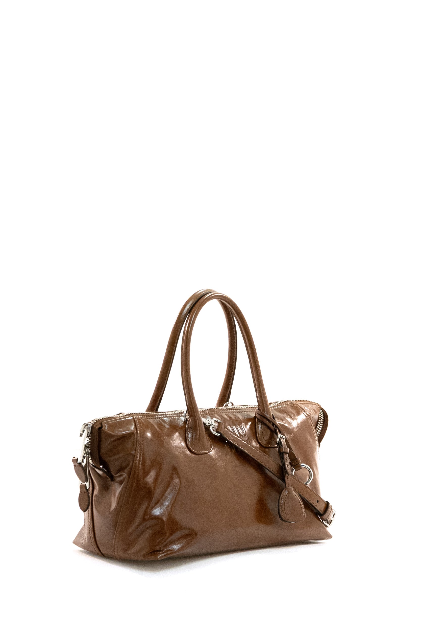 Borsa a mano in pelle lucida di colore marrone<BR/> 5BA335 2A44 F0BW5 MIU MIU 