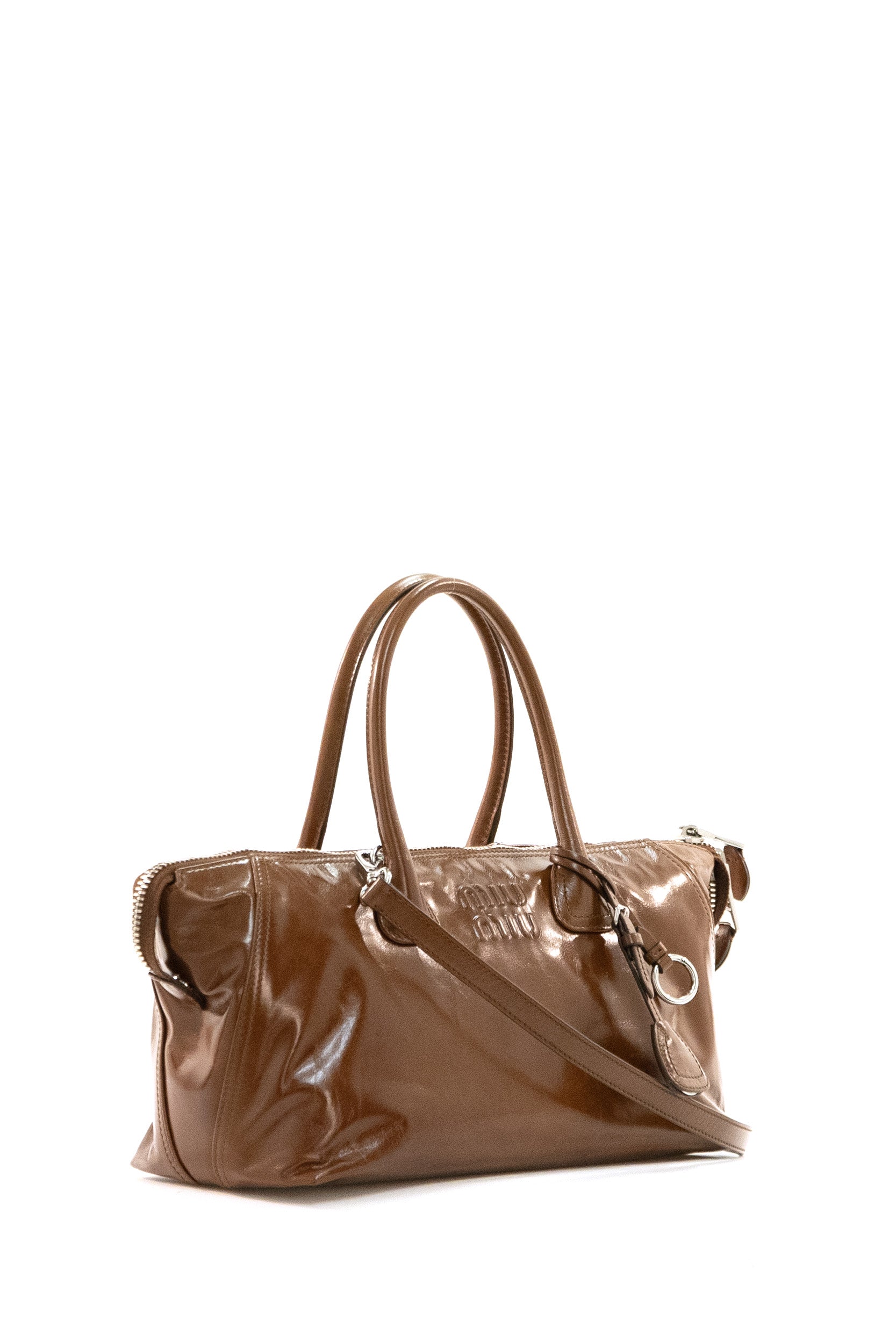 Borsa a mano in pelle lucida di colore marrone<BR/> 5BA335 2A44 F0BW5 MIU MIU 