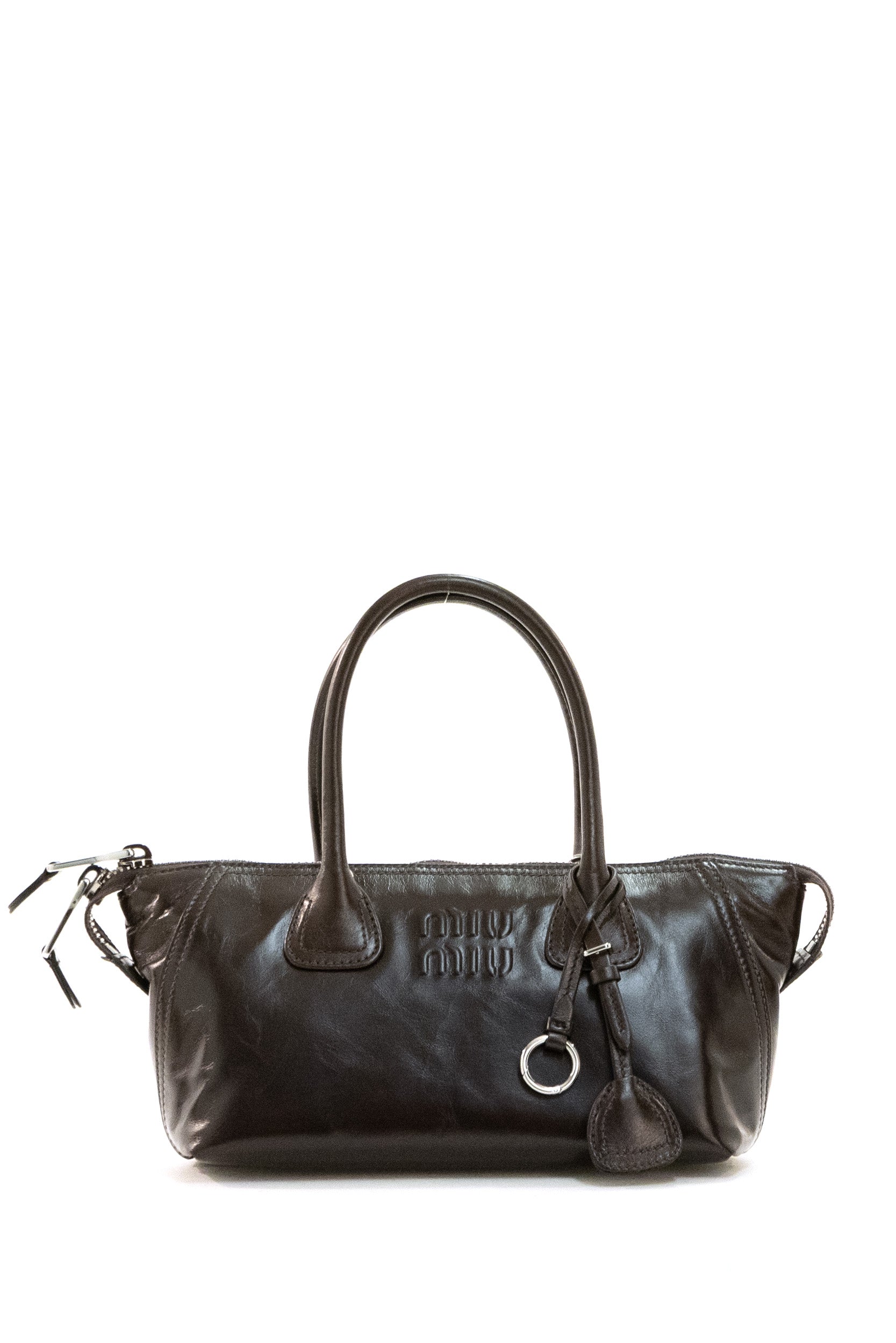 Borsa a mano in pelle lucida di colore marrone scuro<BR/> 5BA338 2A44 F0003 MIU MIU 