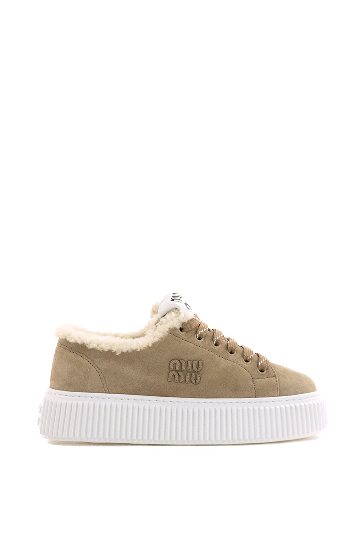 MIU MIU Beige suede and shearling sneakers