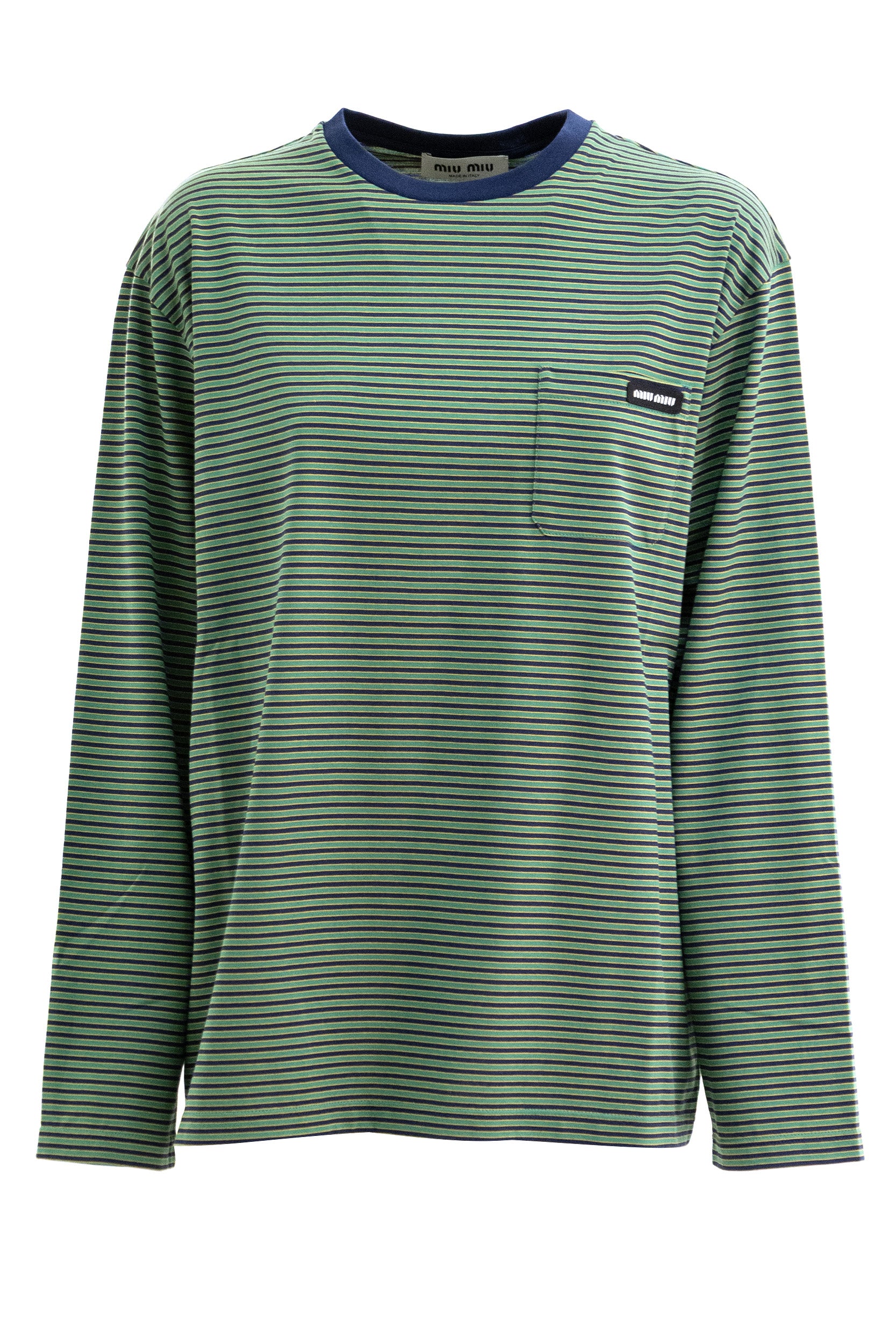 T-shirt in jersey a righe di colore blu e verde<BR/> MJL014 S OOO 14RT F0OBW MIU MIU 