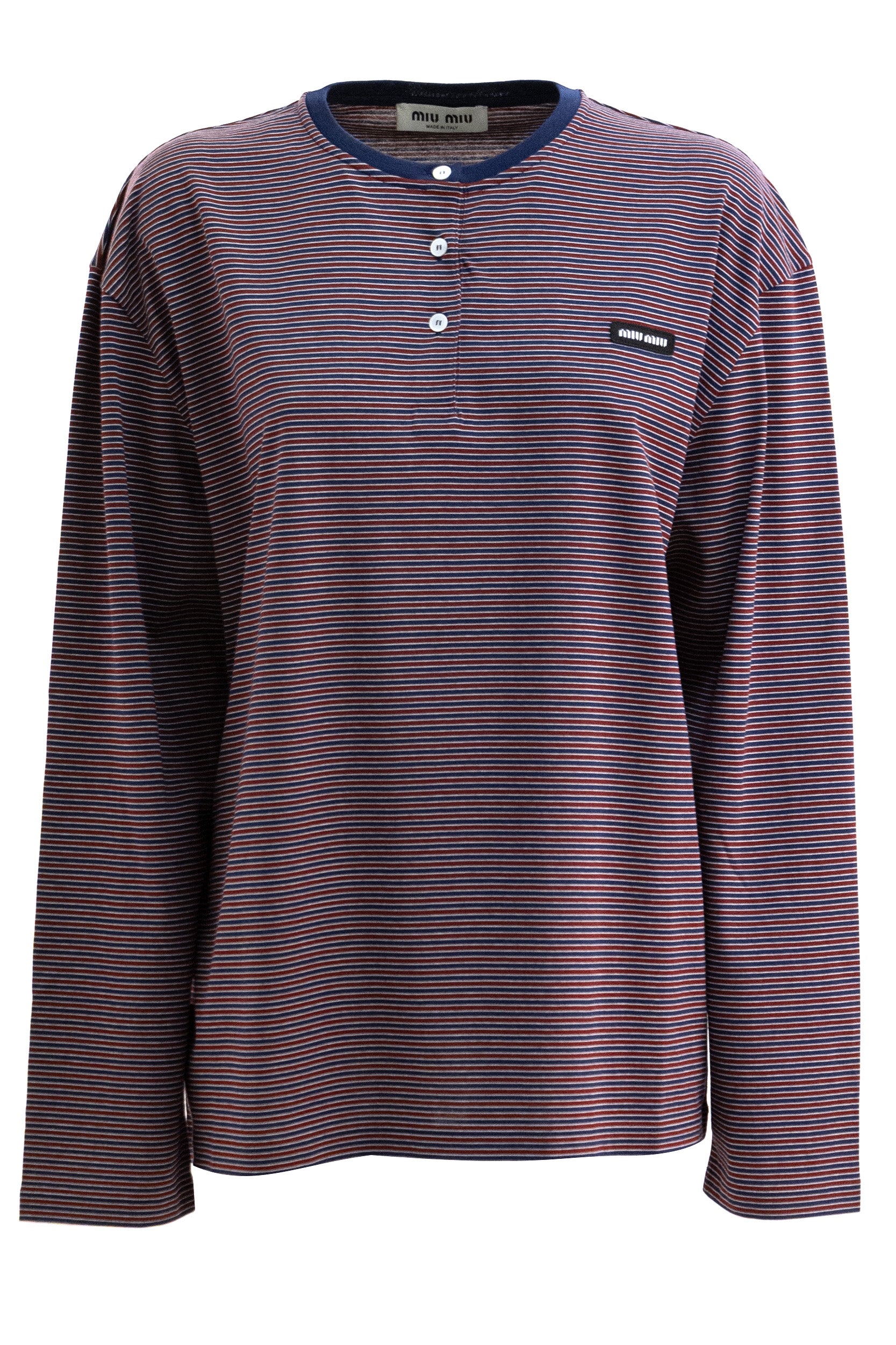 T-shirt in jersey a righe di colore blu e rosso<BR/> MJLA72 S OOO 14RT F05OP MIU MIU 