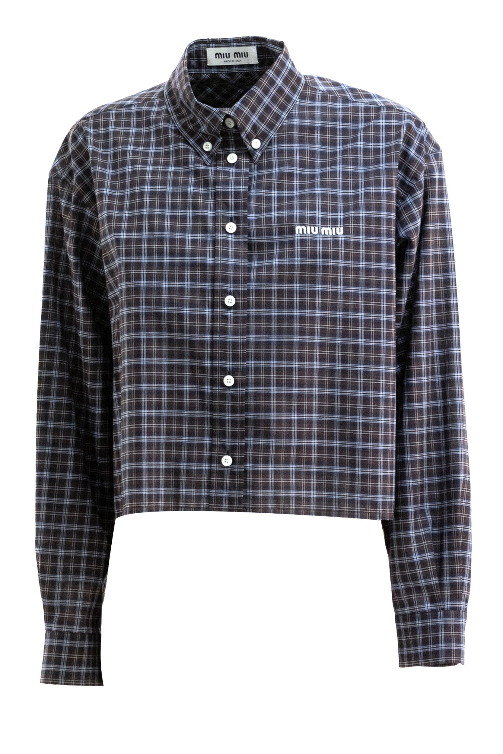 Camicia in tartan di colore blu e marrone<BR/> MK1659 S OOO 19U3 F057W MIU MIU 