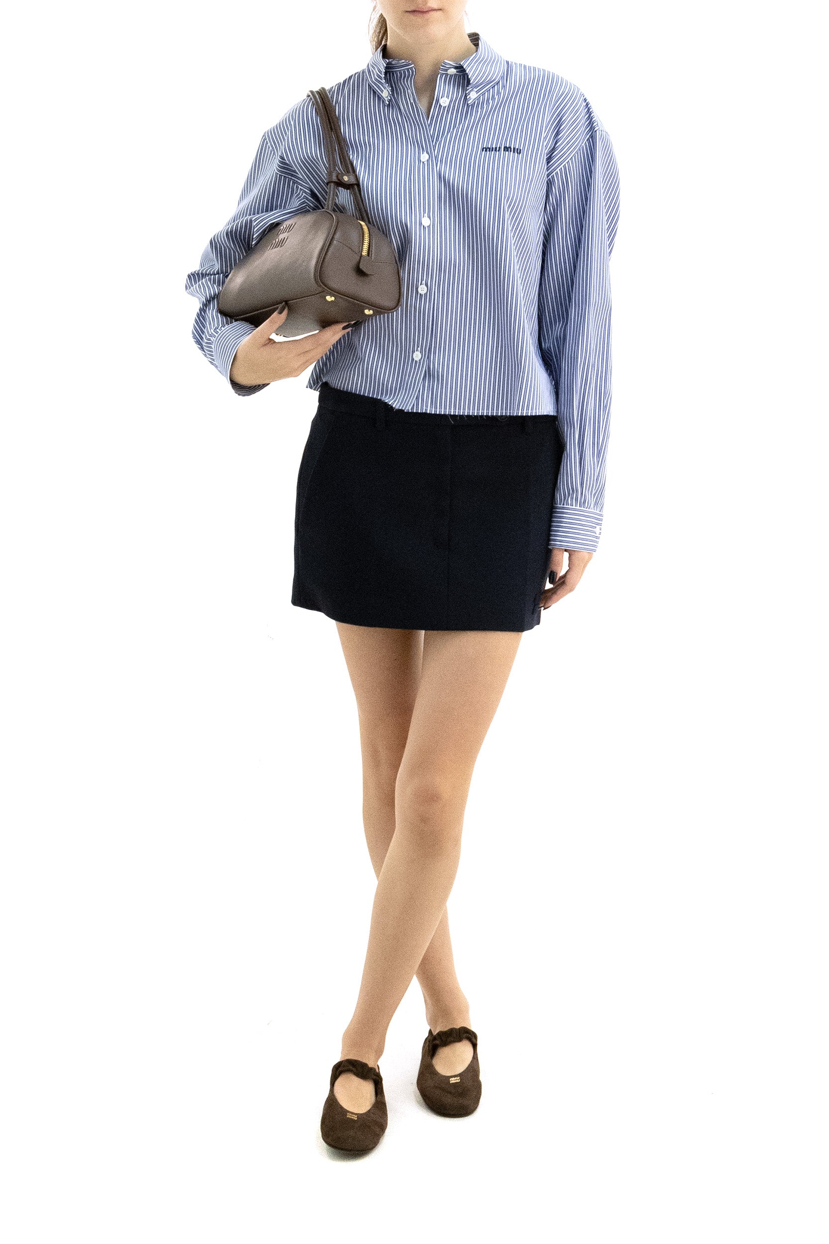 Camicia in cotone a righe di colore bianco e blu<BR/> MK2047 S OOO 195D F098Z MIU MIU 