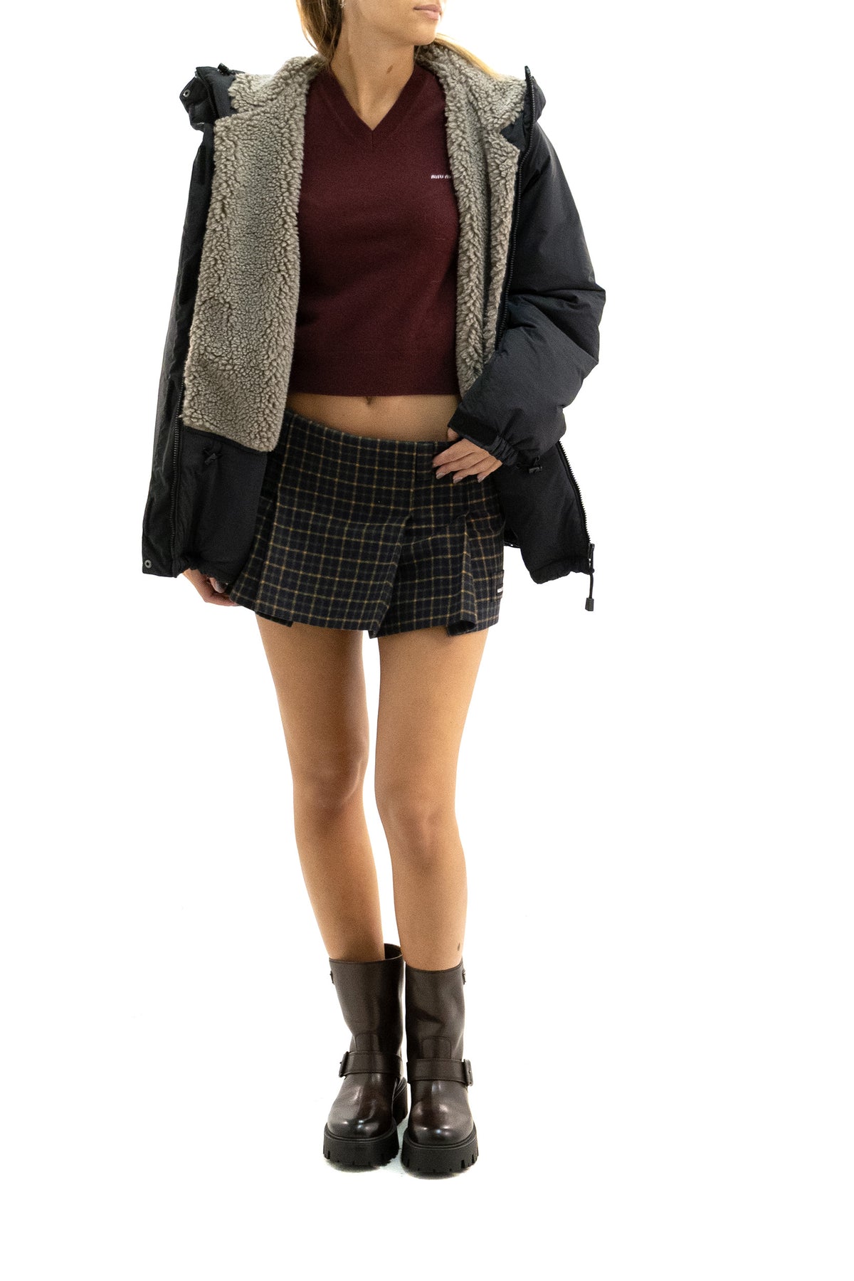 MIU MIU Black pongè down jacket, Nero, view 2