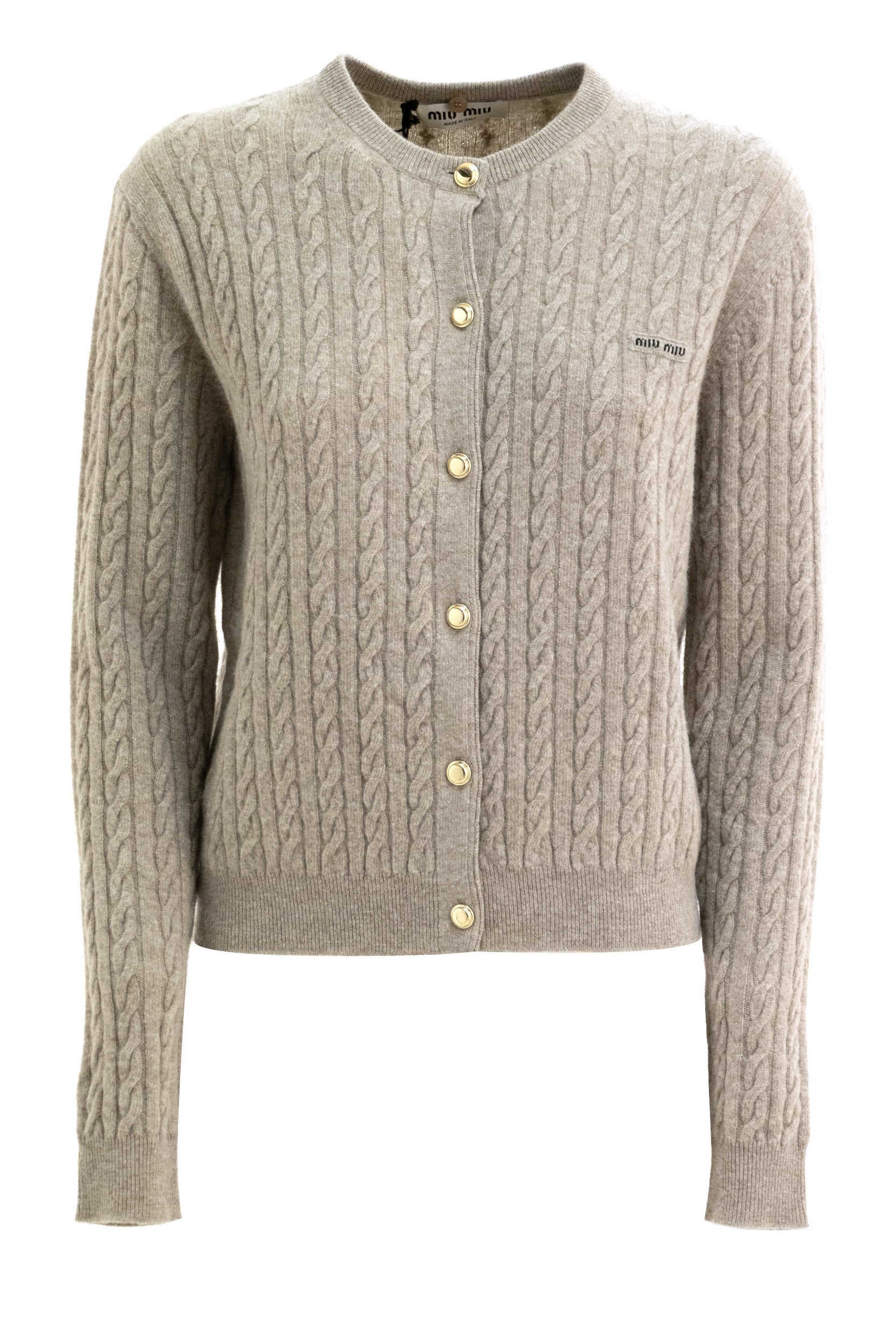 Cardigan a trecce in lana e cashmere color sabbia<BR/> MMF04C S OOO 6342 F0036 MIU MIU 