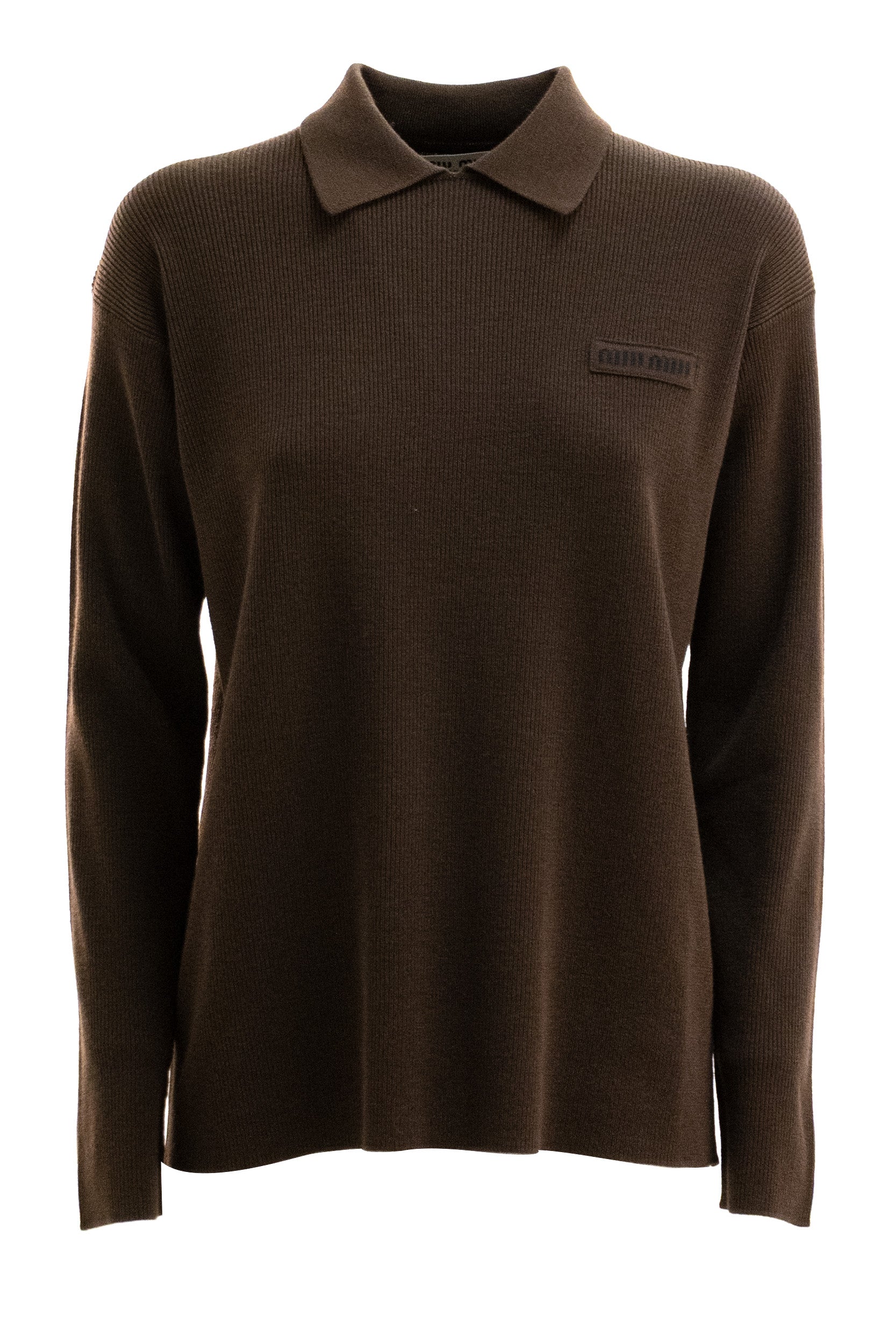 Polo in lana a coste di colore marrone<BR/> MML05U S OOO 1903 F0324 MIU MIU 