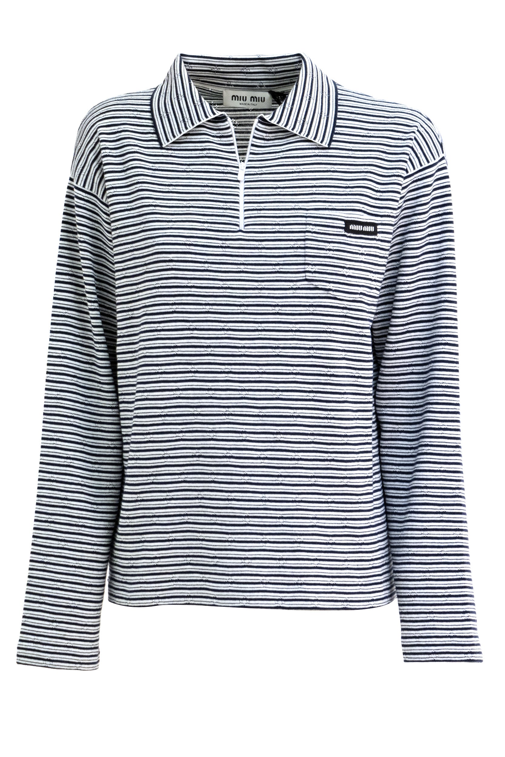 Polo a righe in cotone cashmere e seta di colore bianco e blu<BR/> MML06P S OOO 195I F0UB0 MIU MIU 