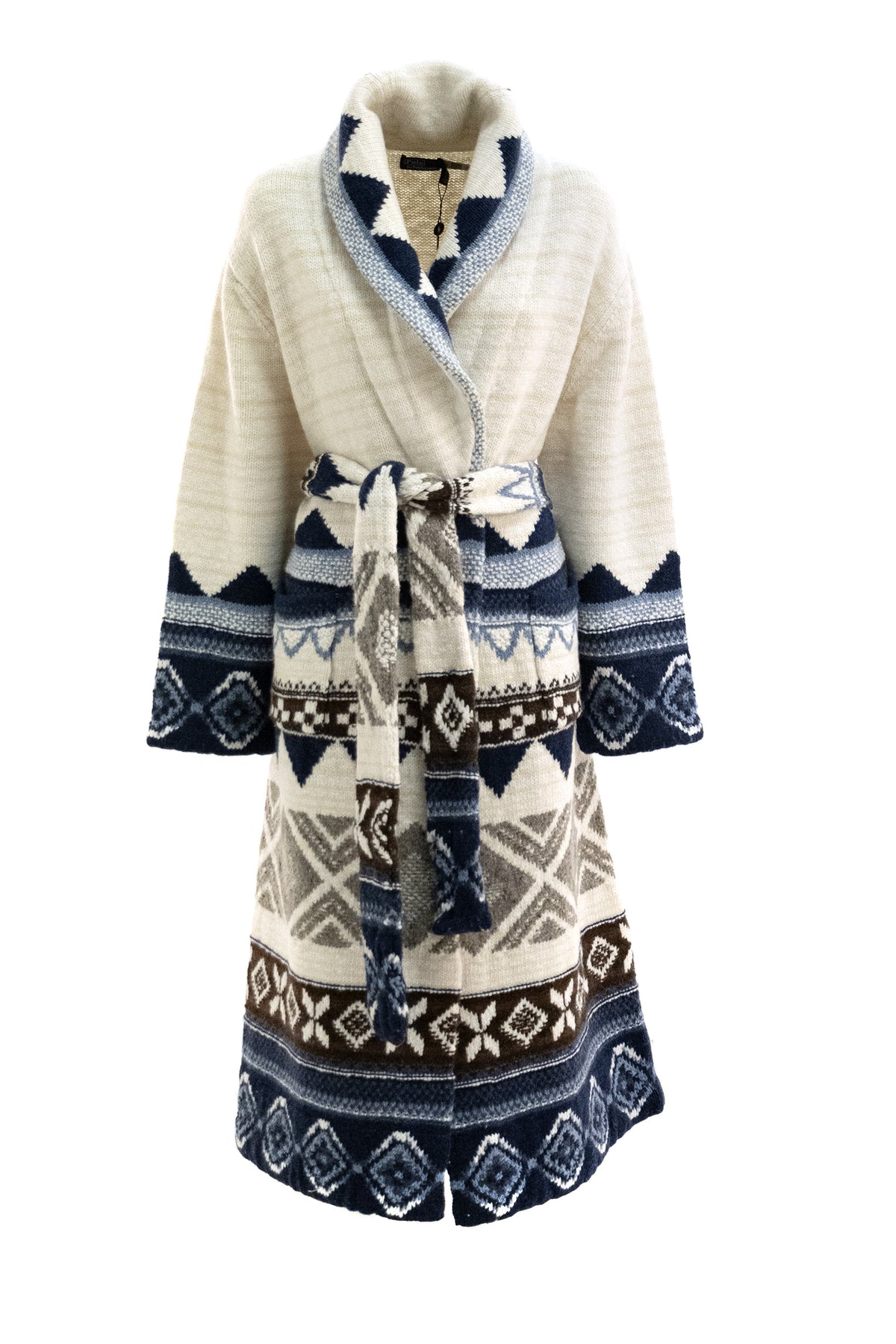 POLO RALPH LAUREN Cardigan lungo in lana color avorio, Bianco/blu