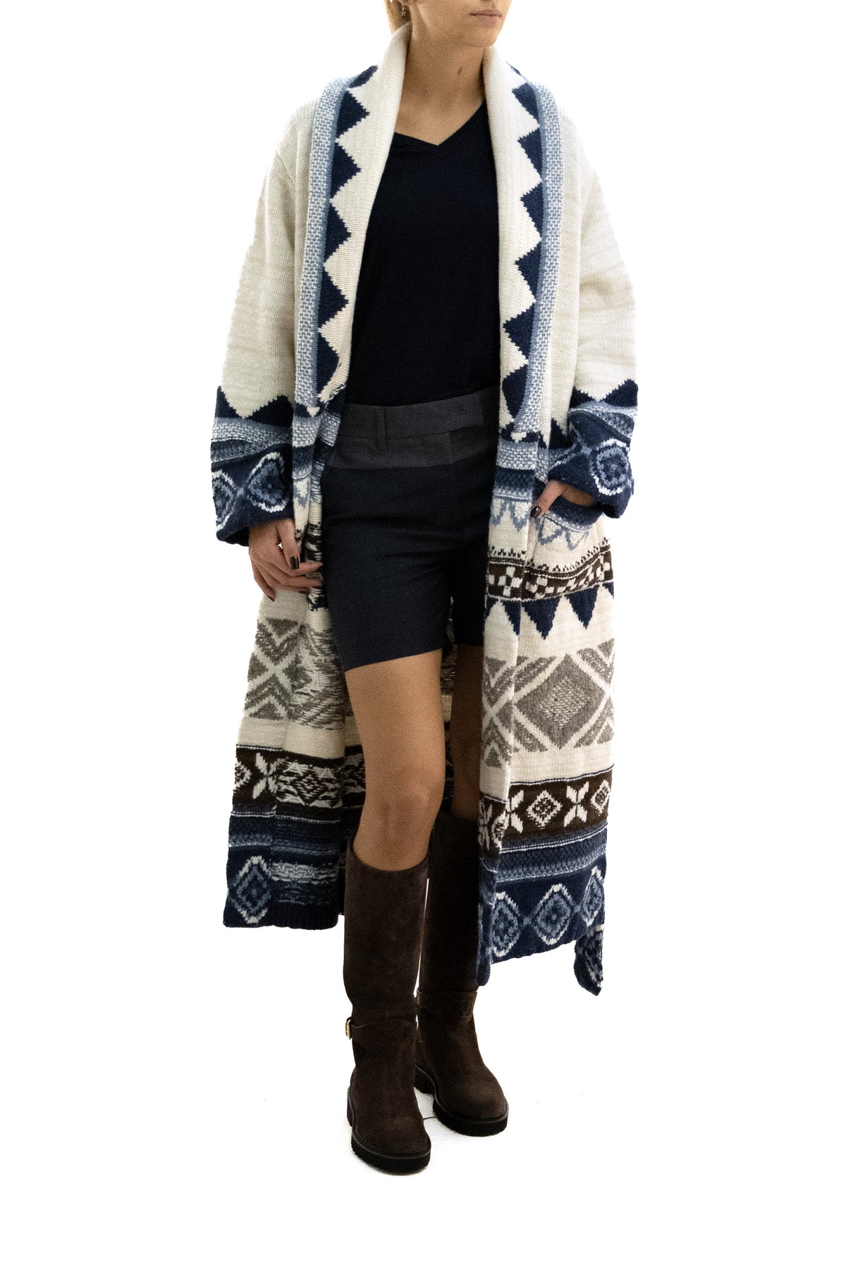 POLO RALPH LAUREN Cardigan lungo in lana color avorio, Bianco/blu, view 2
