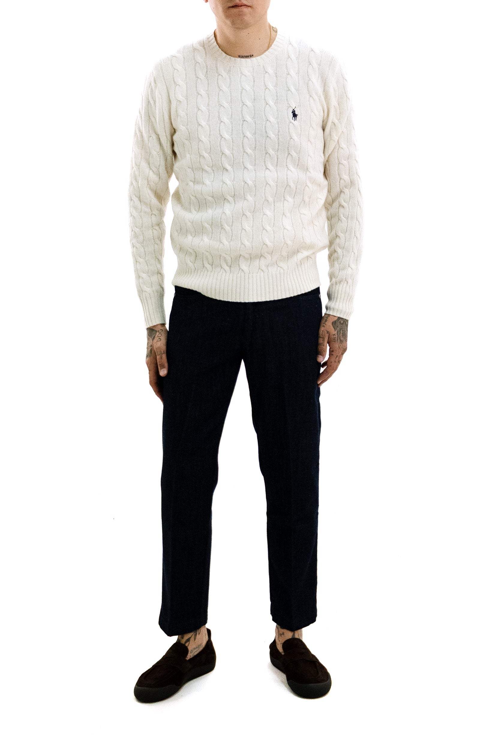Pullover in lana e cashmere a trecce color avorio<BR/> 710876762010 ANDOVER CREAM POLO RALPH LAUREN 