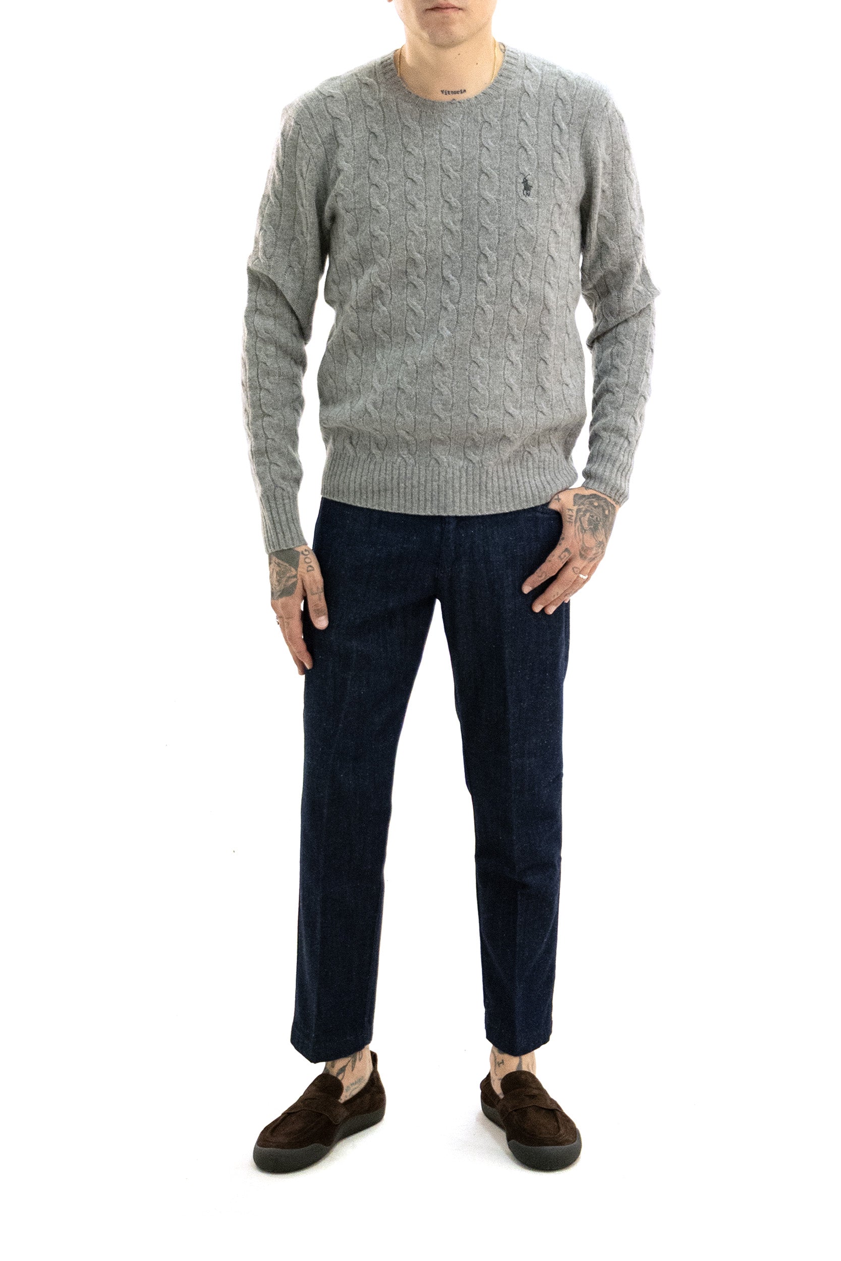 Maglia a trecce in lana e cashmere di colore grigio<BR/> 710876762012 FAWN GREY POLO RALPH LAUREN 