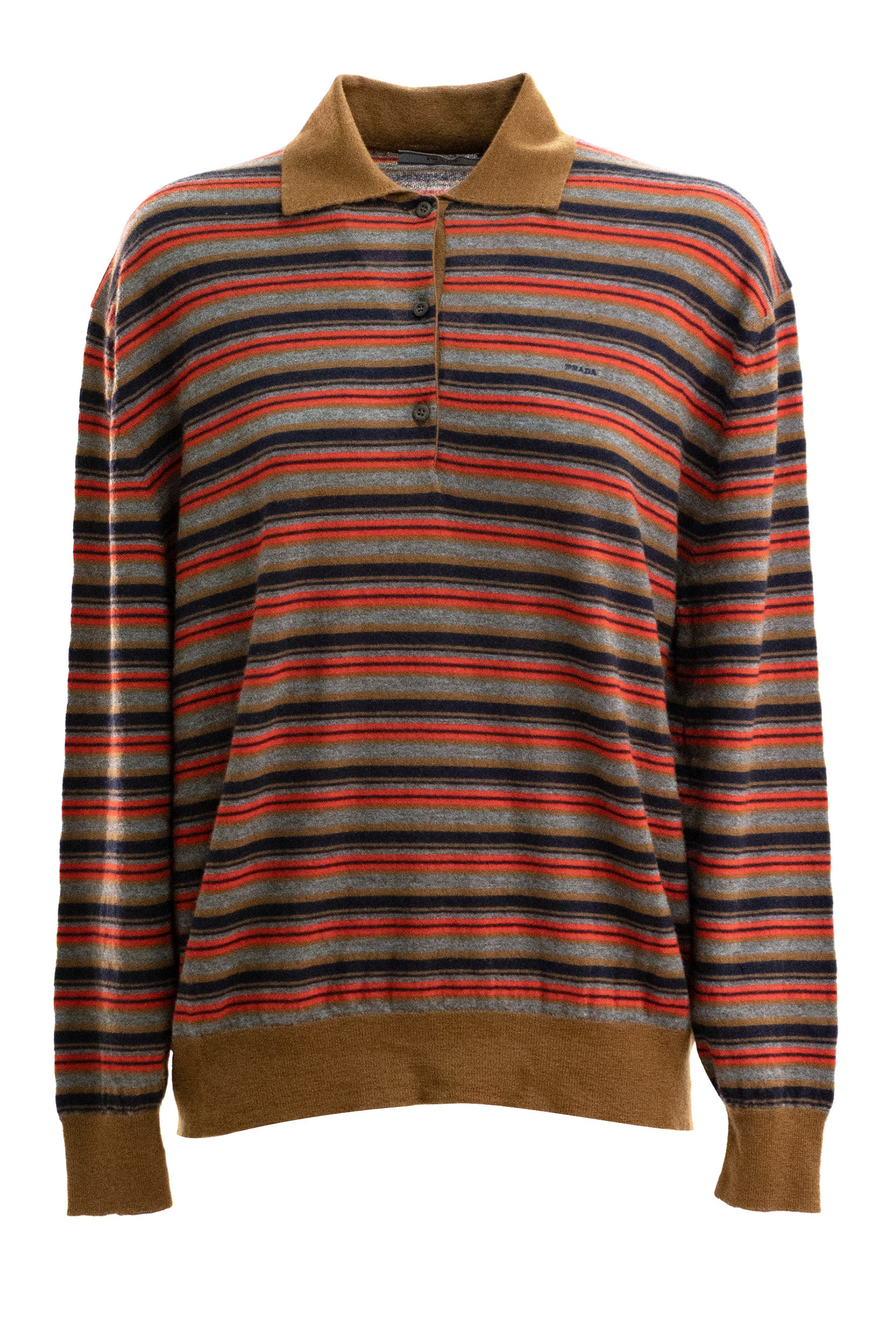 Polo in cashmere a righe di colore marrone, grigio e rosso<BR/> P24F3N S OOO 6220 F0CQJ PRADA 
