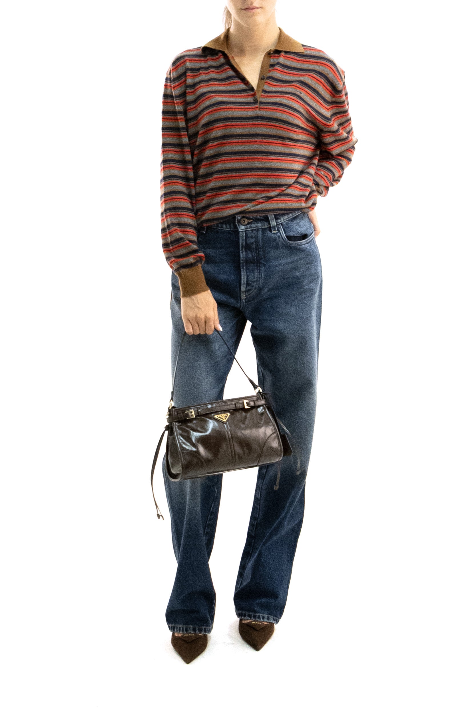 Polo in cashmere a righe di colore marrone, grigio e rosso<BR/> P24F3N S OOO 6220 F0CQJ PRADA 