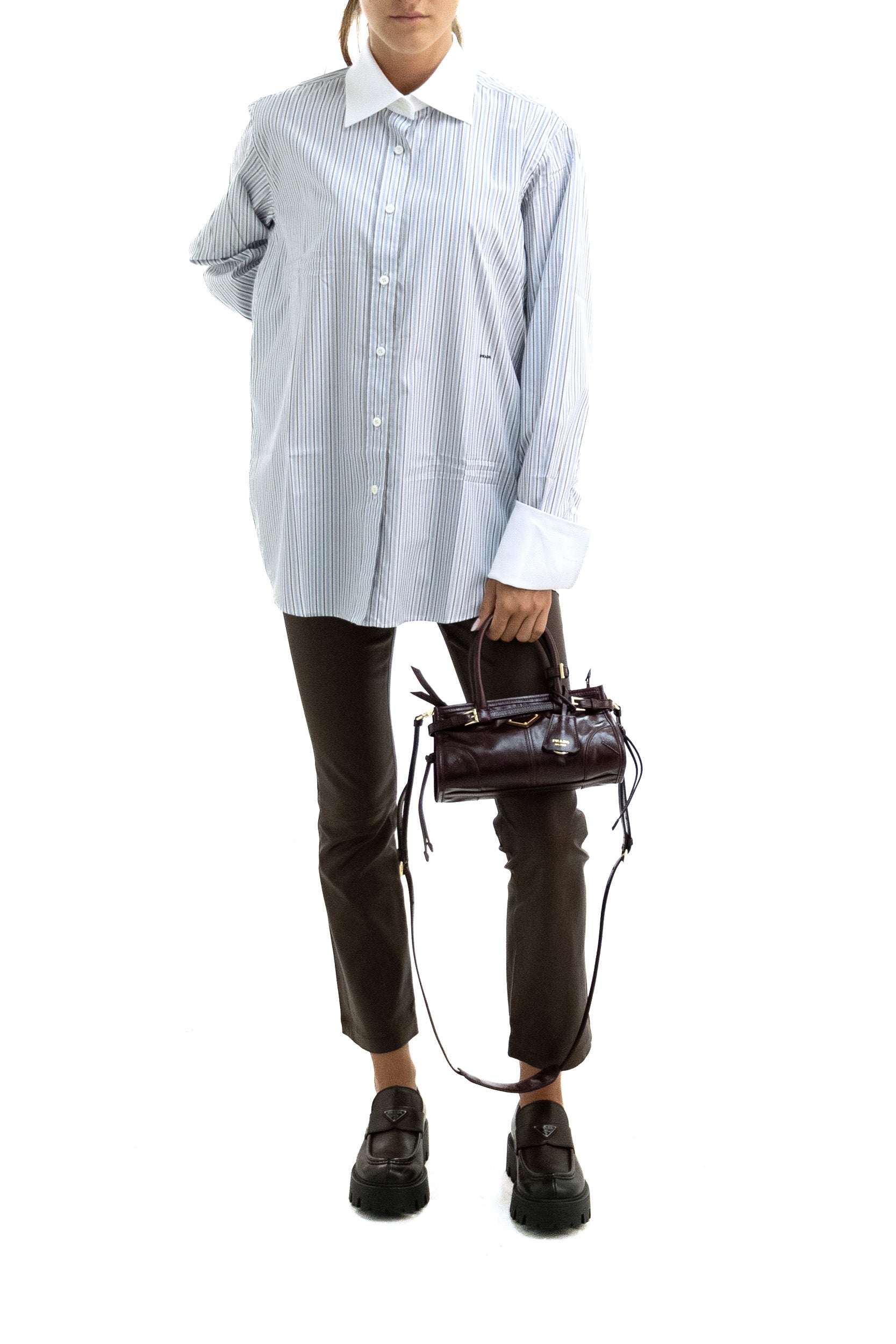 Camicia in cotone a righe di colore azzurro e bianco<BR/> P465JR S OOO 1H1K F0012 PRADA 