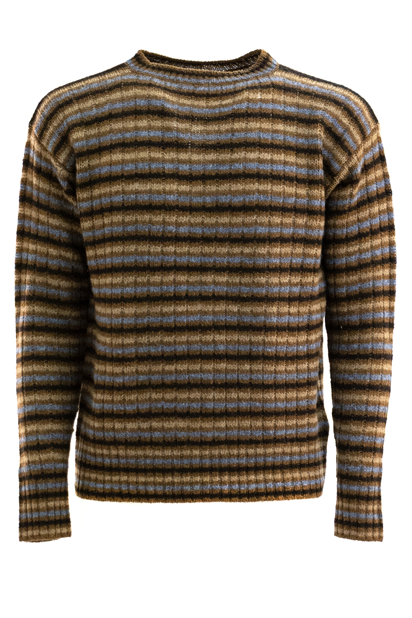 Pullover in lana Shetland a righe di colore marrone, azzurro e nero<BR/> UMF417 S OOO 6252 F0033 PRADA 