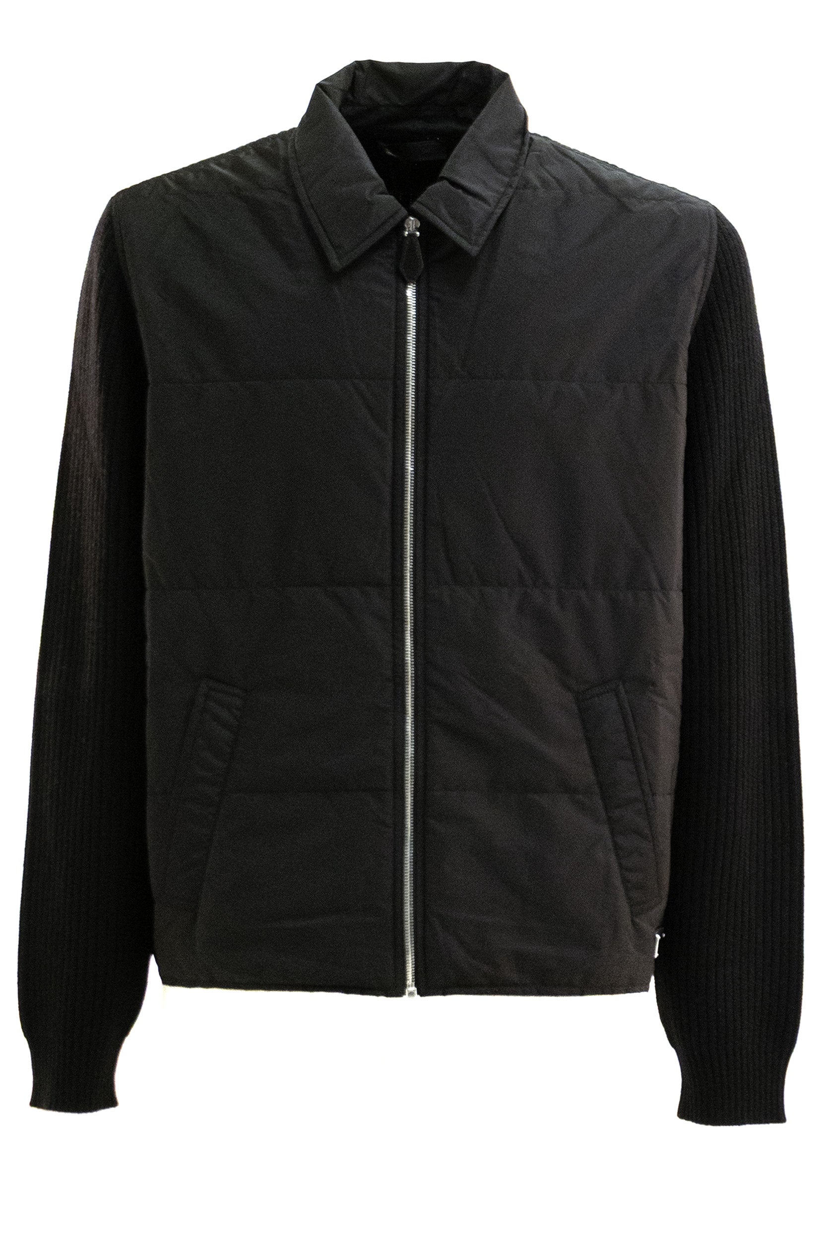 Cardigan in lana a coste e gabardine di Re-Nylon di colore nero<BR/> UMG472 S OOO 6241 F0002 PRADA 