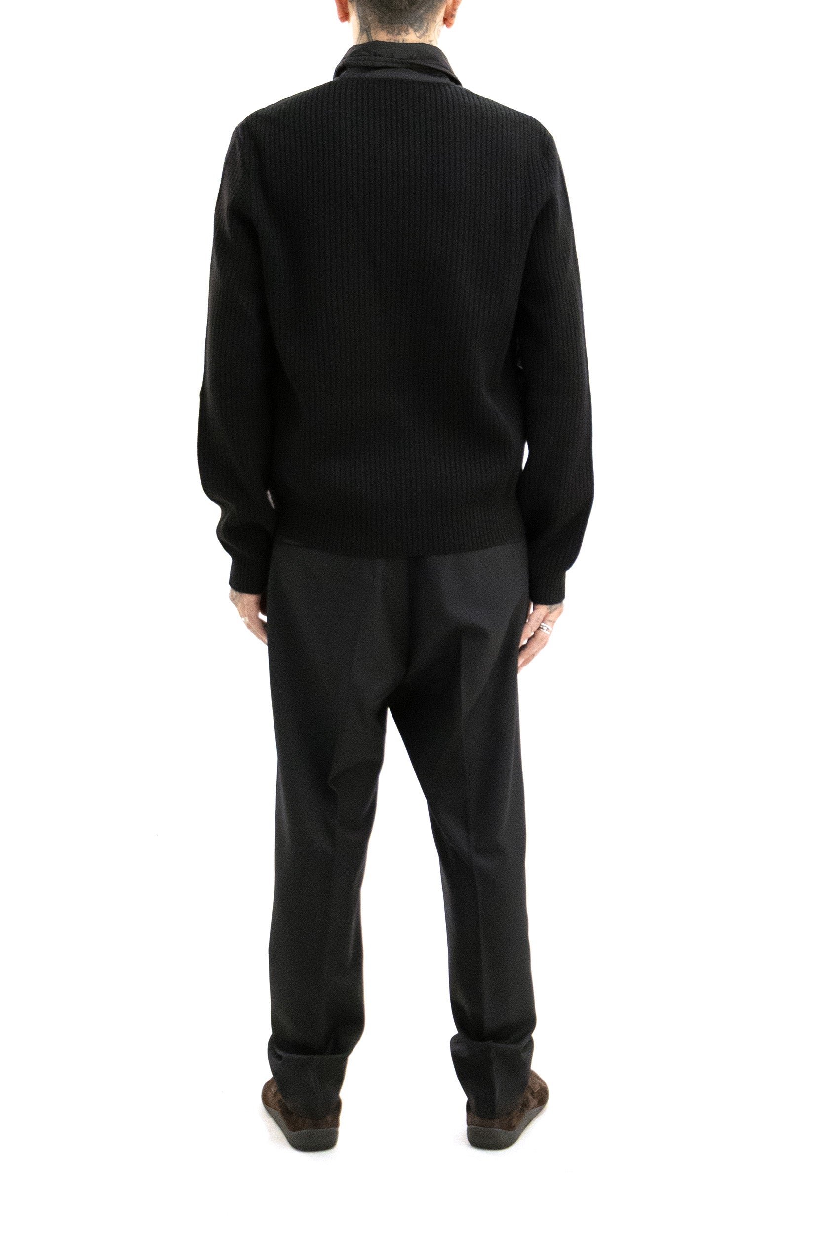 Cardigan in lana a coste e gabardine di Re-Nylon di colore nero<BR/> UMG472 S OOO 6241 F0002 PRADA 