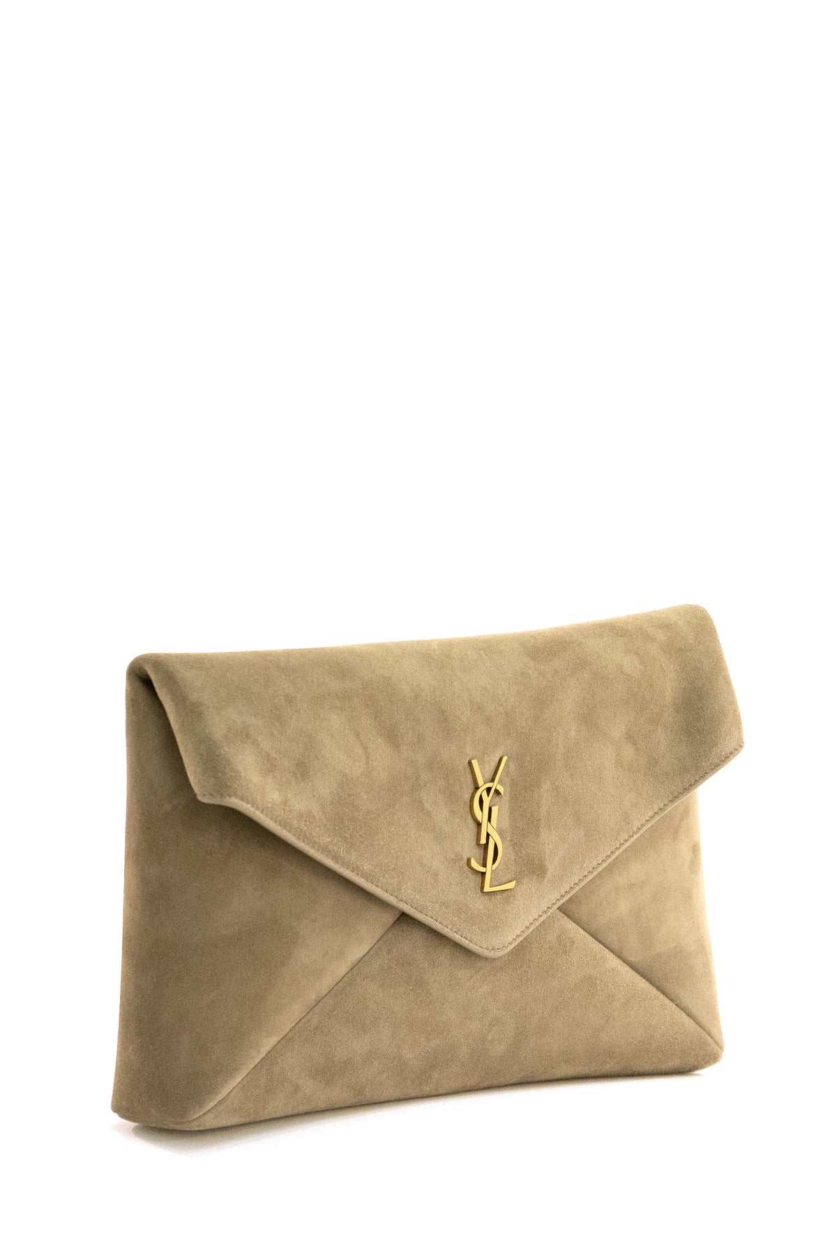 SAINT LAURENT Pochette Envelope in suede color tortora, vista 2