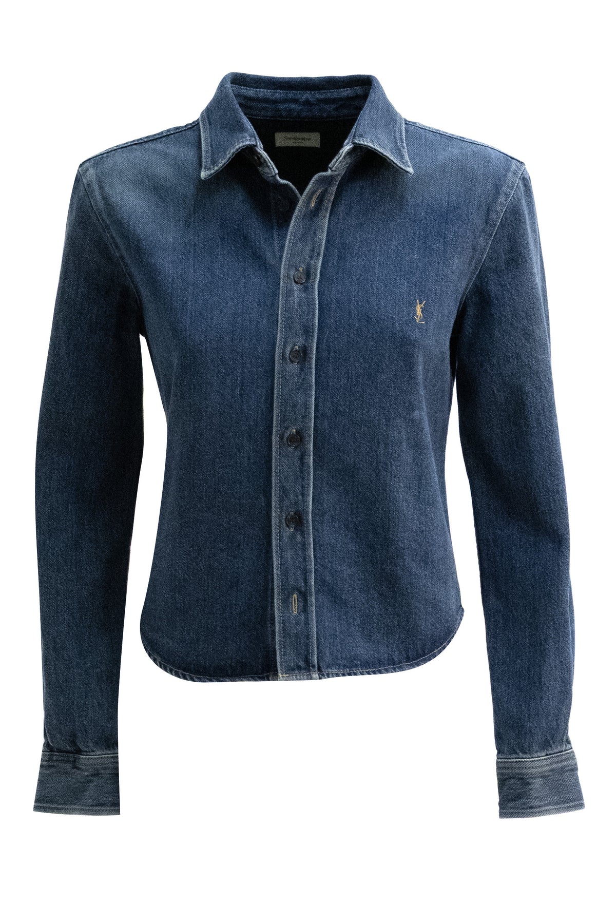 SAINT LAURENT Cassandre Shirt in Cotton Denim, Blu